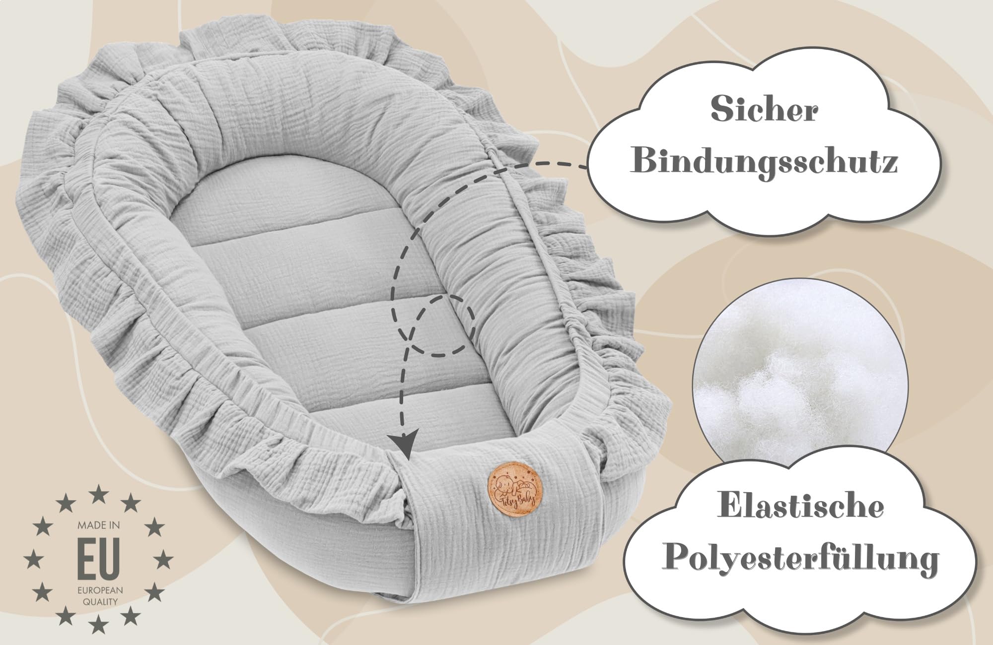 Riduttore lettino neonato - 90x50 cm baby nest trasportabile per neonati nido culla pod cocoonababy babynest antisoffoco Grigio Mussola B