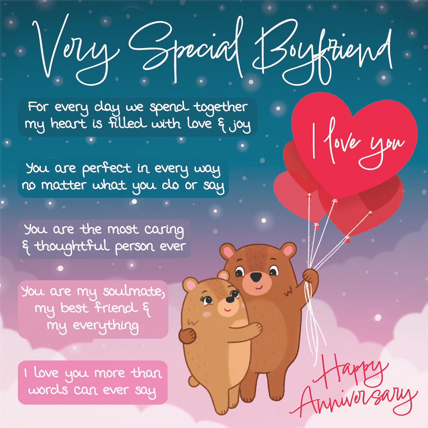 Hunts England, Boyfriend Anniversary Card, Starry Night, Cute Bears, Luxury Verse Anniversary Card For Boyfriend - Image 2