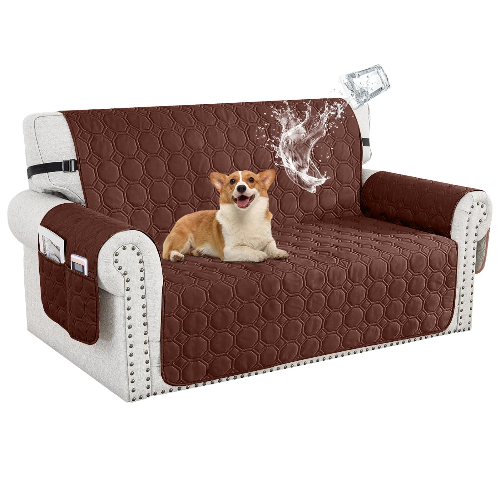 100% Waterproof Sofa Covers for Pets, Non Slip Sofa Slipcovers Couch Cover for Living Room Washable Pet Couch Cover with Elastic Straps Furniture Protector (Dark Brown,2 Seater)