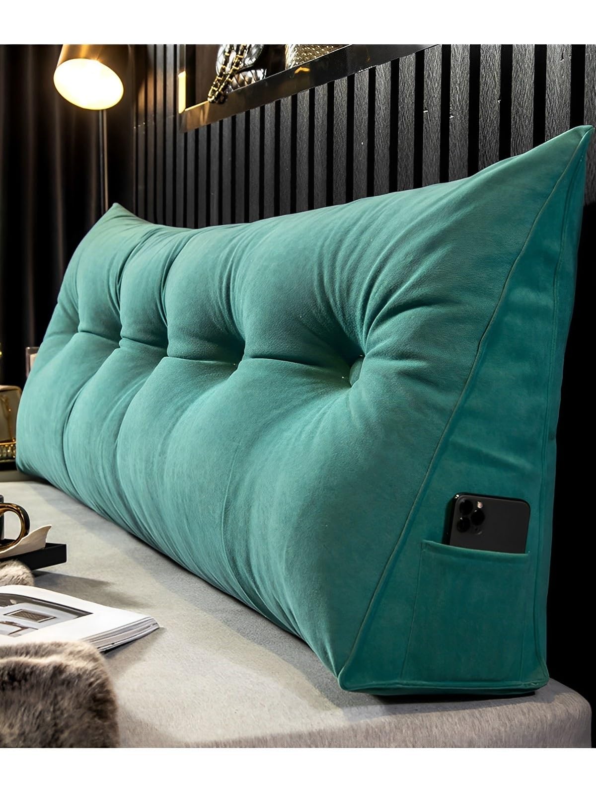 LUXUCURE Headboard Back Rest Cushion Support Pillow,Triangular Large Reading Pillow with Side Pocket,Lumbar Support Back Wedge Pillow for Bedroom Bed Bay Window Tatami Sofa,Lake Blue,120x50x20cm