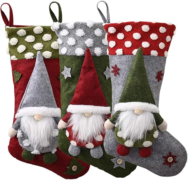 FOUNDOVE Christmas Stockings Large 3 Pack, Classic Santa Xmas Stocking for Adults & Kids, Candy Pouch Gift Bag for Tree Decorations Christmas Ornament
