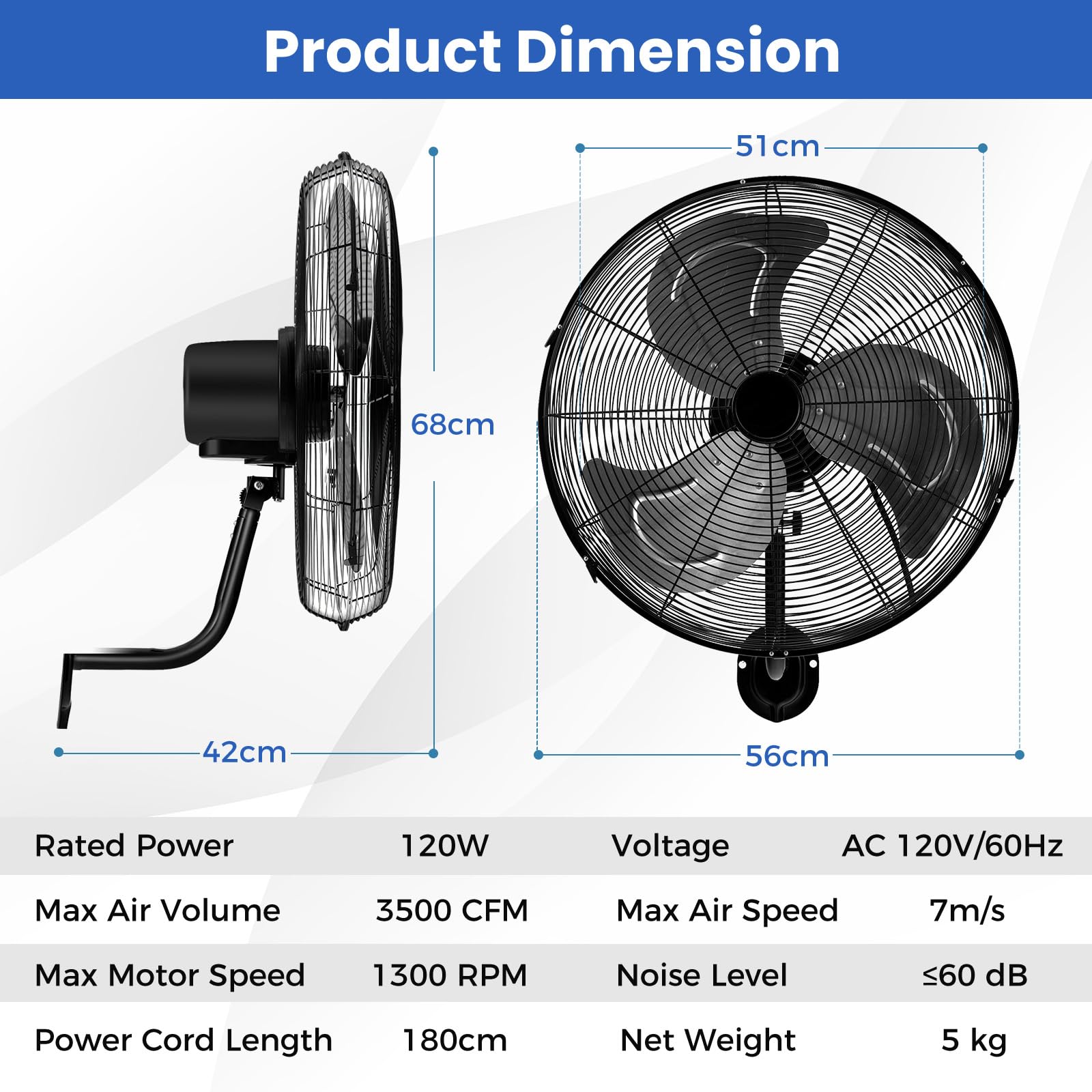 SOARS Ventilatore da Parete 120 W, 3 Velocità, Angolo Verticale di 30° e Orizzontale Automatico di 85°, Ventilatore Industriale per Magazzino, Officina, Cantina, Ufficio, φ56 CM (Nero)