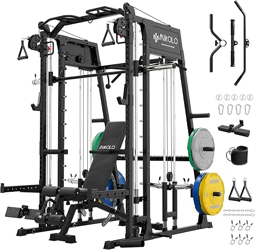 Mikolo Smith Machine, estante para sentadillas de 2200 libras con sistema LAT-Pull Down y máquina cruzada de cables, equipo de entrenamiento con