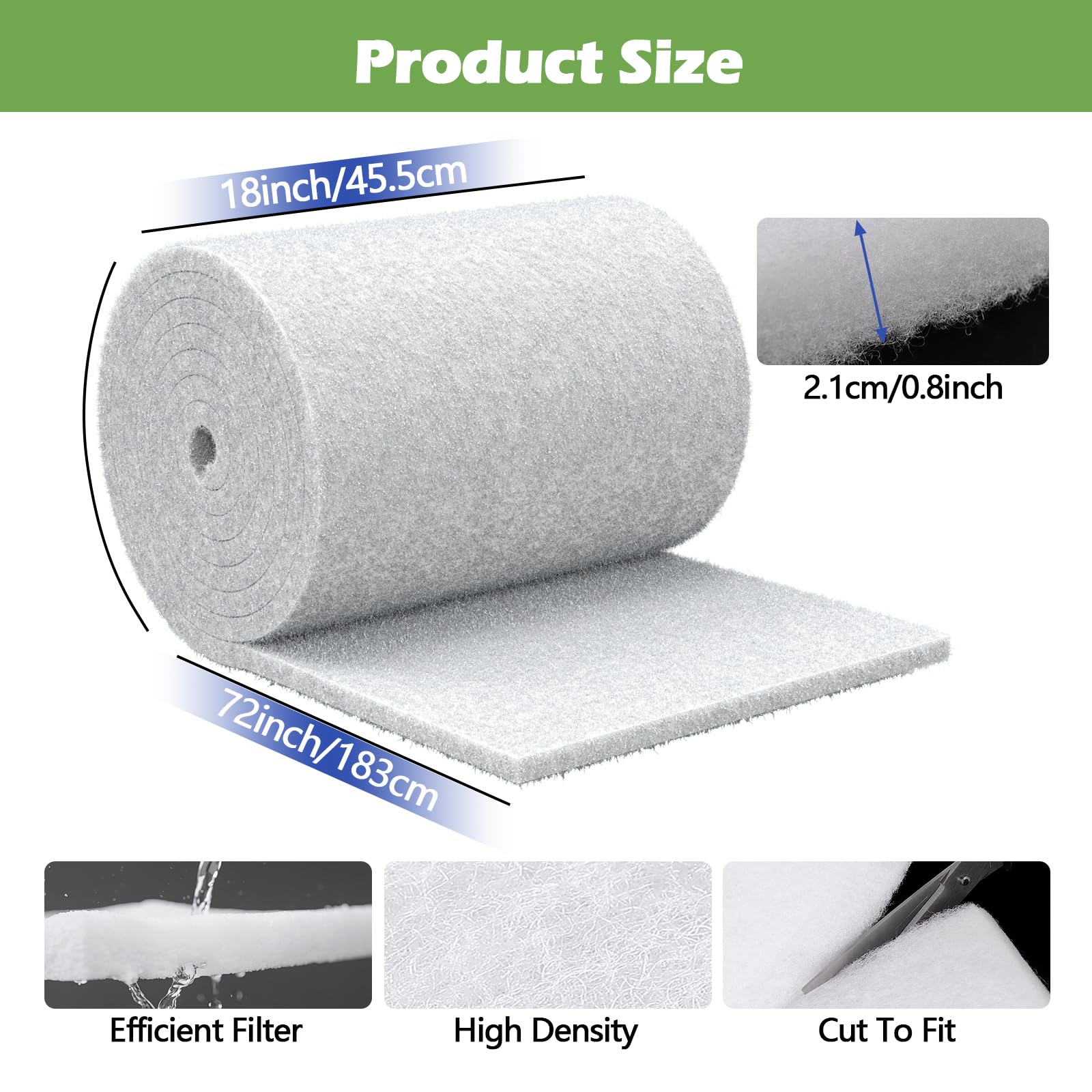 Filtre classique pour bassin - 45,7 x 182,9 x 2,5 cm - Blanc - Épais - Réutilisable - Lavable - Matériau de filtre pour étangs extérieurs