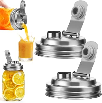 Palksky Mason Jar Pour Spout Lid Stainless Steel, Wide Mouth Pour Spout Flip Cap Lids for Mason Jars, anticracking Leak Proof Seal Cover Airtight for Drinking Salad Dressing & Food Storing2PCS