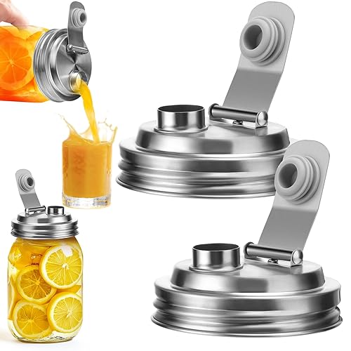 Palksky Mason Jar Pour Spout Lid Stainless Steel, Wide Mouth Pour Spout Flip Cap Lids for Mason Jars, anticracking Leak Proof Seal Cover Airtight for Drinking Salad Dressing & Food Storing(2PCS) - Wide Mouth Stainless Steel Lid 2 PCS
