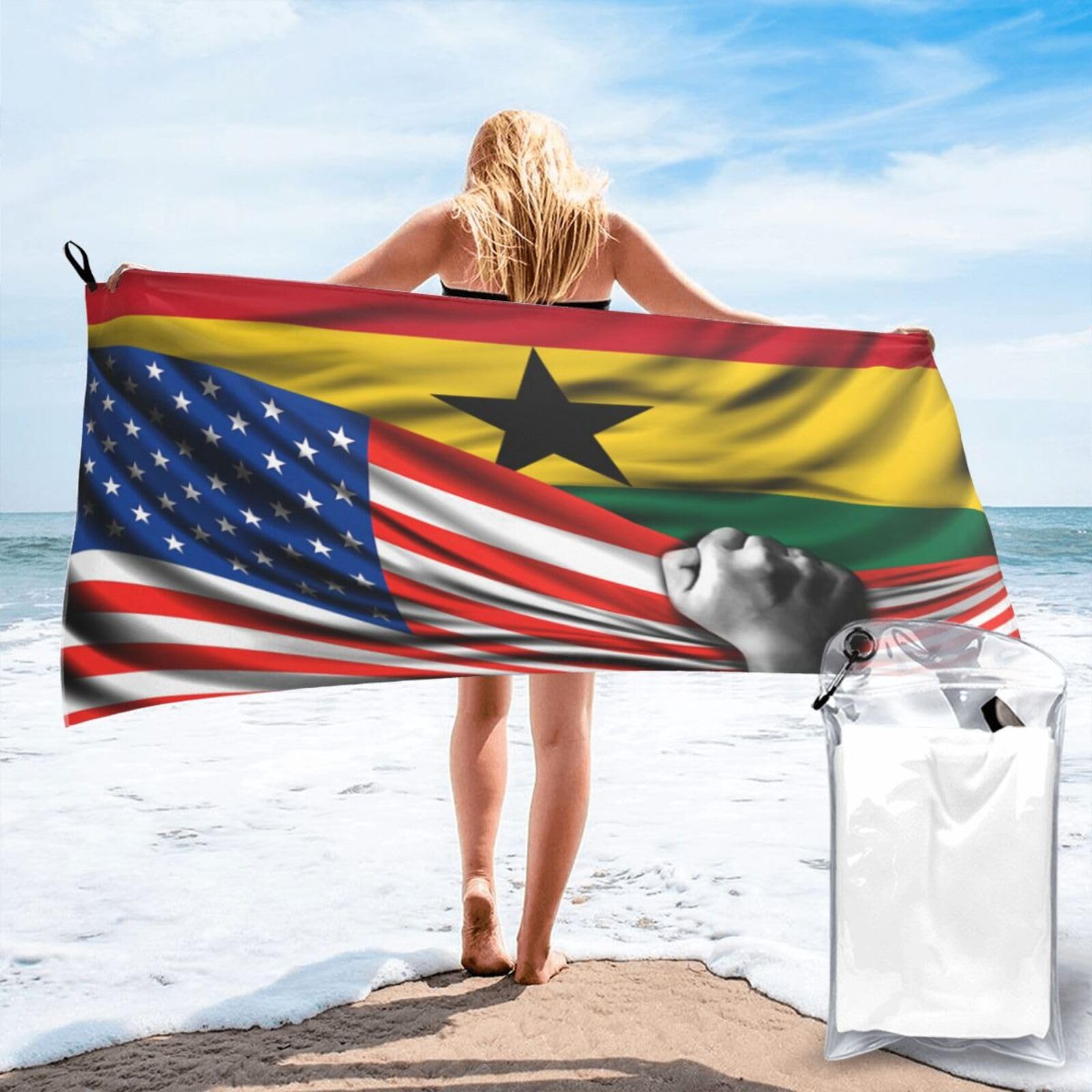 HACXZ Beach Towel America Flag and Ghana Ghanaian Flag Microfiber Beach Towel Lightweight Absorbent 31.5"X63"
