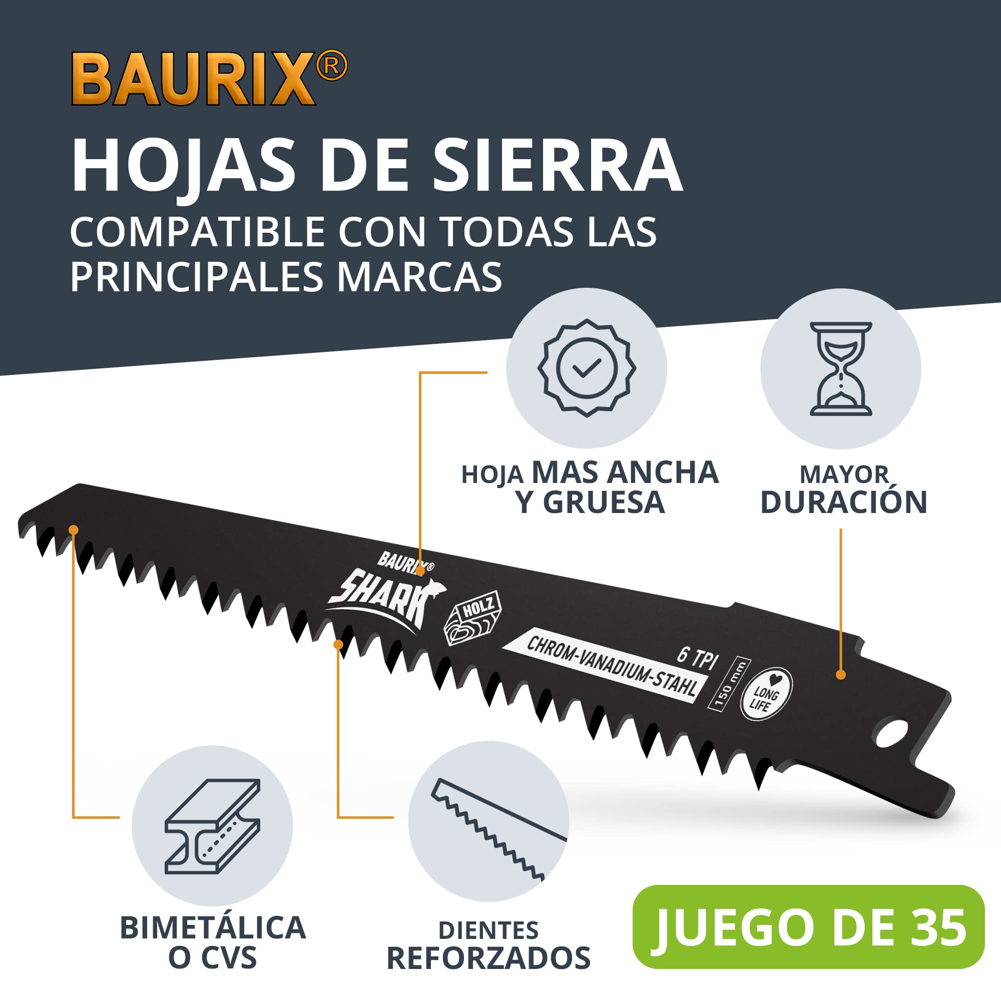 BAURIX 35 hojas de sierra sable juego profesional todo en uno para madera gruesa y cortes de precisión en madera y metal 3 a 24 TPI apto para Bosch, Makita, etc.