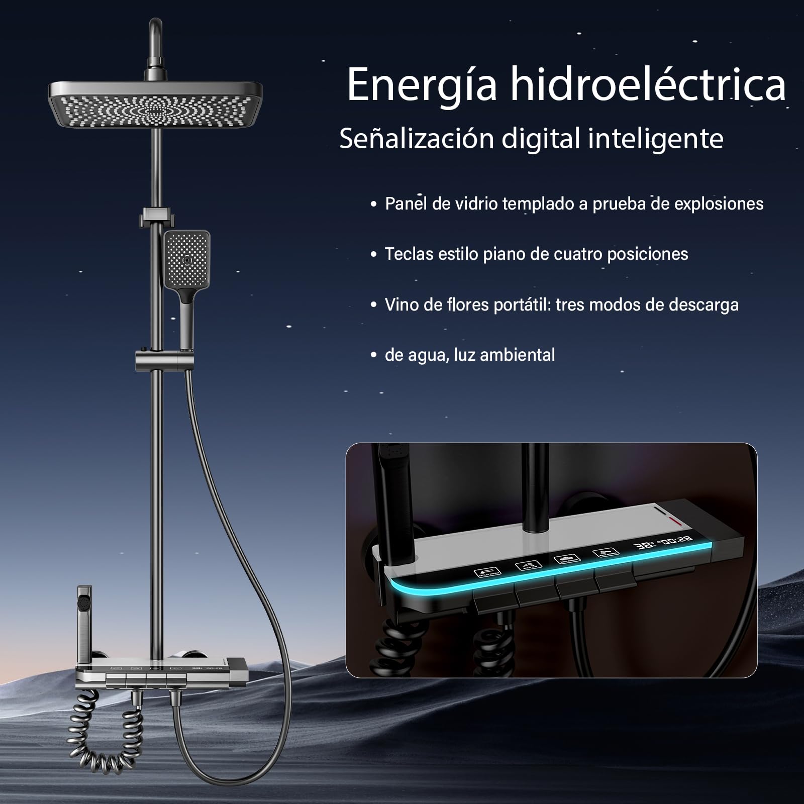 Columna de Ducha Termostatica con Pantalla Digital LED, Cabezal de Ducha XL estilo Lluvia, Ducha de Mano, Rociador auxiliar y Grifo Cascada – Acero Inoxidable - Baño de Lujo y Confort