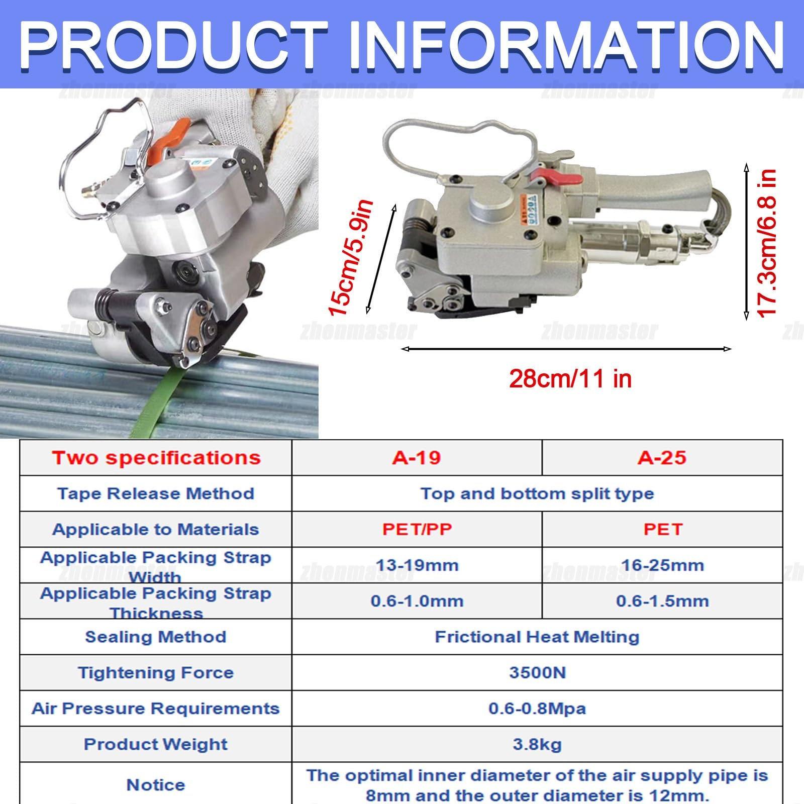 Presse pneumatique portative pour cerclage, 13-25 mm de largeur, machine d'emballage portable avec traction de 3500 N, haute efficacité pour emballage industriel