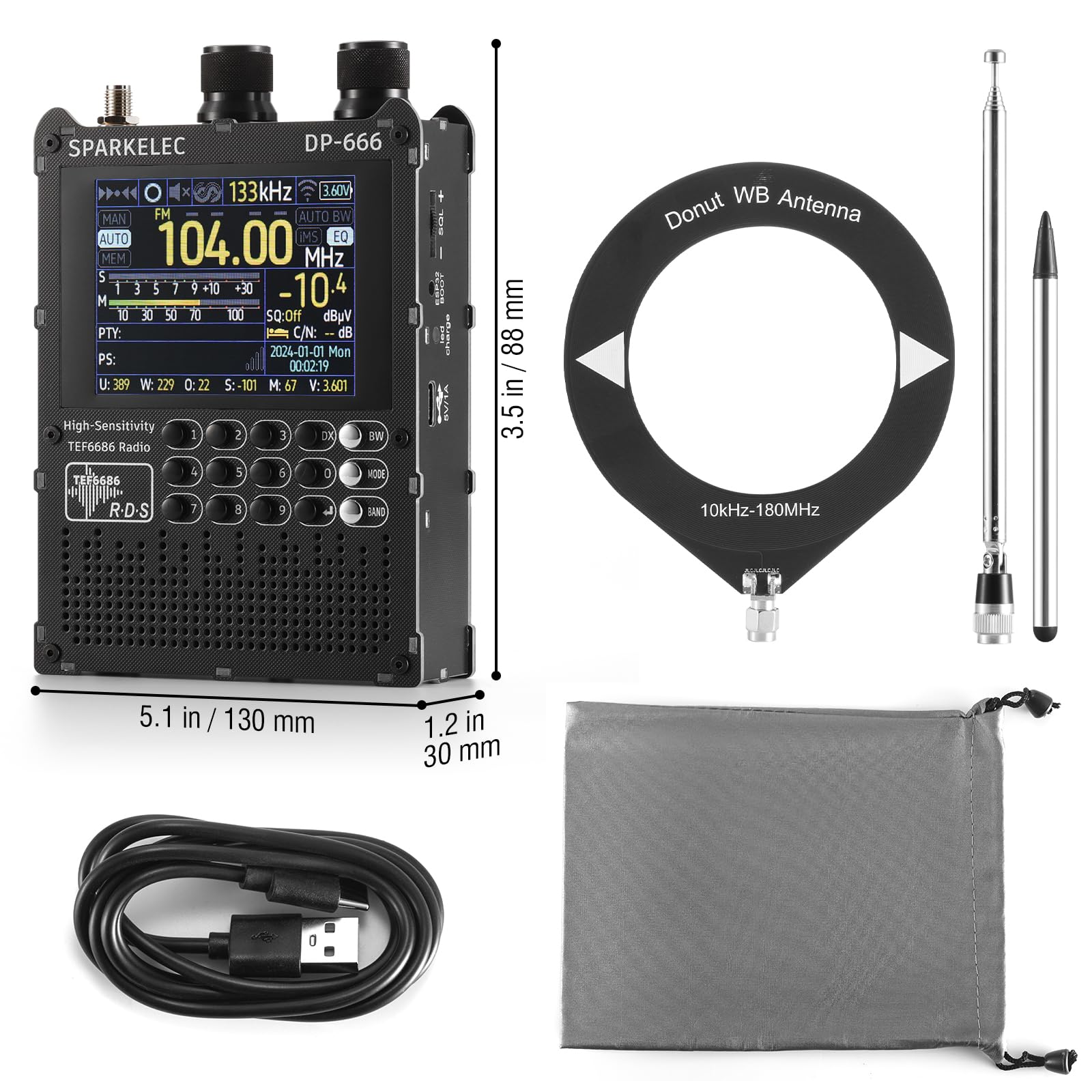 Raddy DP-666 Radio DSP Banda Completa Chip TEF6686, Receptor Profesional Am/FM/LW/MW/SW RDS, Pantalla Táctil 2,8" con Stylus, Batería 5000mAh, Antena Telescópica y Donut, Portátil Actualizable