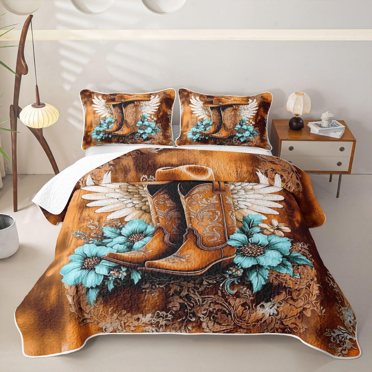 Western Aztec Cowboy Quilted Bedspread Queen Size,Southwestern Boho Framhouse Quilt Bedding Set,Indian Abstract Geometric Bed Covers for All Season,Black Red Quilted Coverlet 3 Pieces,2 Pillowcases