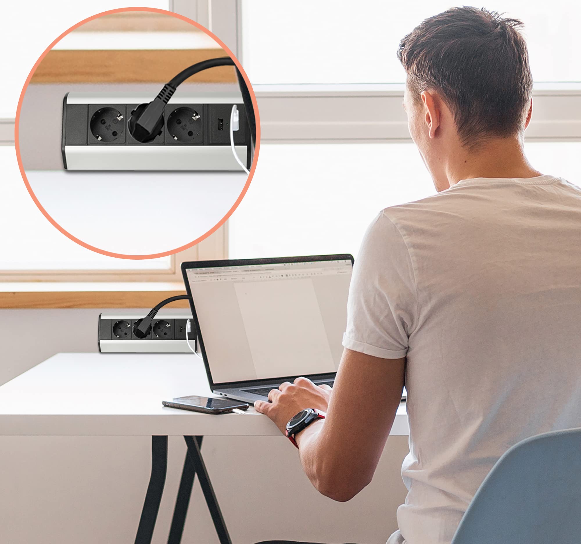 Mehrfach-Steckdose 3-fach & 2x USB mit 2M Kabel - Steckdosenleiste als Schreib-Tischsteckdose und Steckdosenverteiler - Steckerleiste für Küche Büro Stromleiste mit einfacher Montage