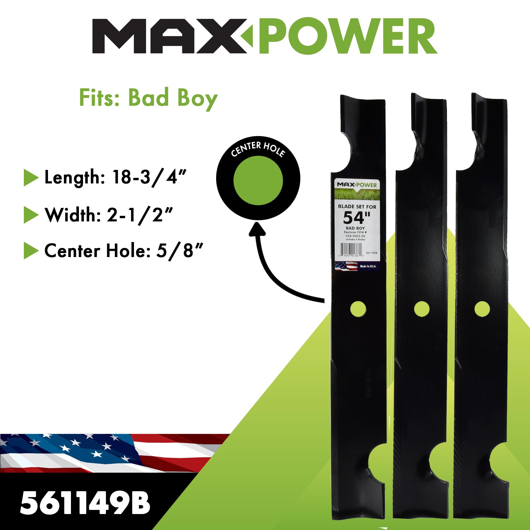 Maxpower 561149B Jeu de 3 Lames pour Tondeuse Cut Bad Boy 137,2 cm Remplace OEM n° 038-0005-00 Noir