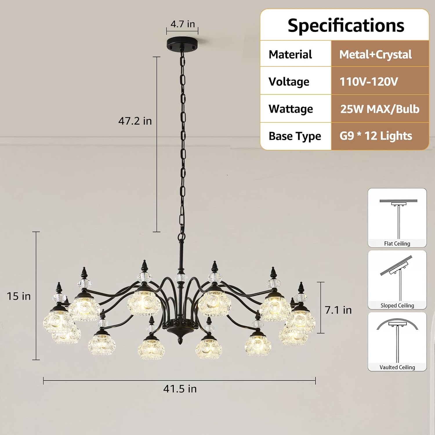 42 Inch Vintage Chandelier, 12-Light Crystal Chandeliers for Dining Room, Vintage Light Fixtures for Living Room, Kitchen Island, Foyer, Bedroom, Victorian Decor, G9