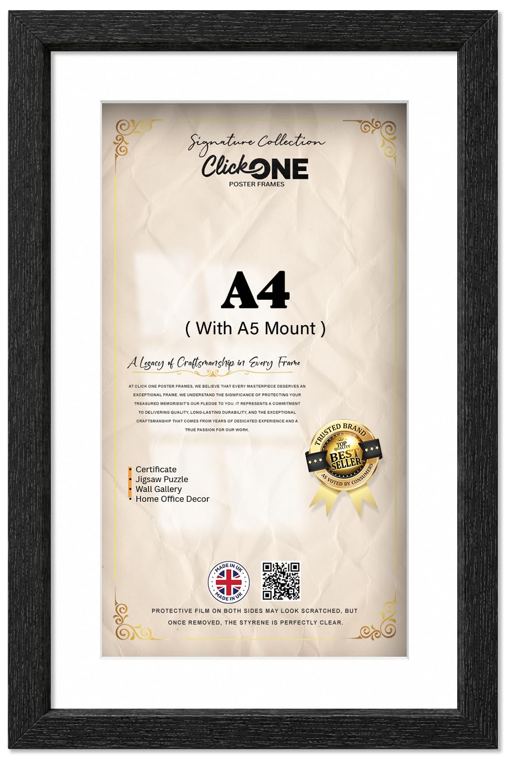 Click One — Rectangle Contemporary Engineered Woodgrain Poster Frame A4 (21.00 X 29.70 cm) With A5 (14.80 X 21.00 cm) White Mat | 11 X 8 Inch Portrait And Landscape With Clear Styrene Sheet Black
