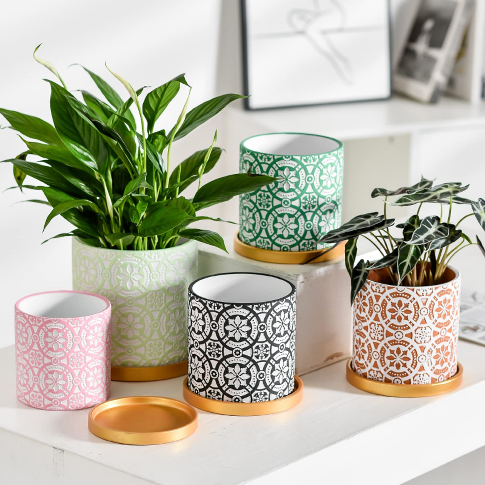 Vasi da Giardino Vasi per Piante in Ceramica Goffrata, Vaso da Fiori cilindrico da 5,1/5,9/7 Pollici con Foro di drenaggio e Vassoio per Piante da Interno ed Esterno