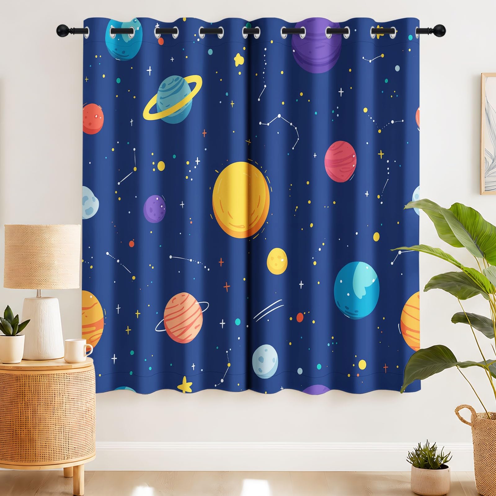 Rideaux Opaques Isolants Thermiques À Oeillets Espace Système Solaire, Rideau Occultant Planètes Étoiles, Décoration de Fenêtre pour Salon Cuisine Bébé 2 Pièces L 140 x H 250 cm