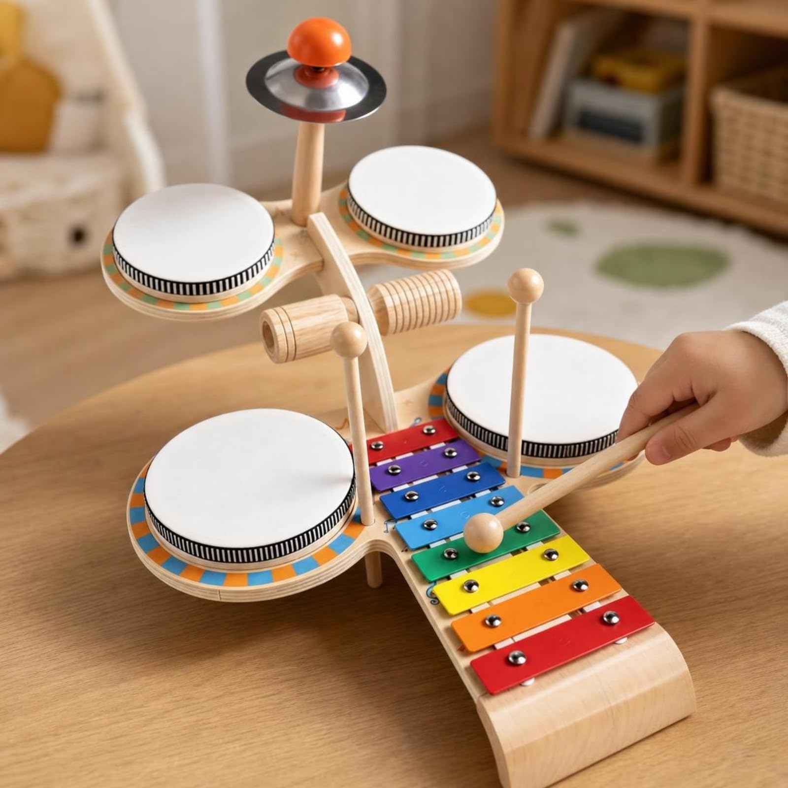 Batteria in Legno da Tavolo | Multifunzione, Banco Musicale in Legno, Salvaspazio, per Asilo Nido, Neonati