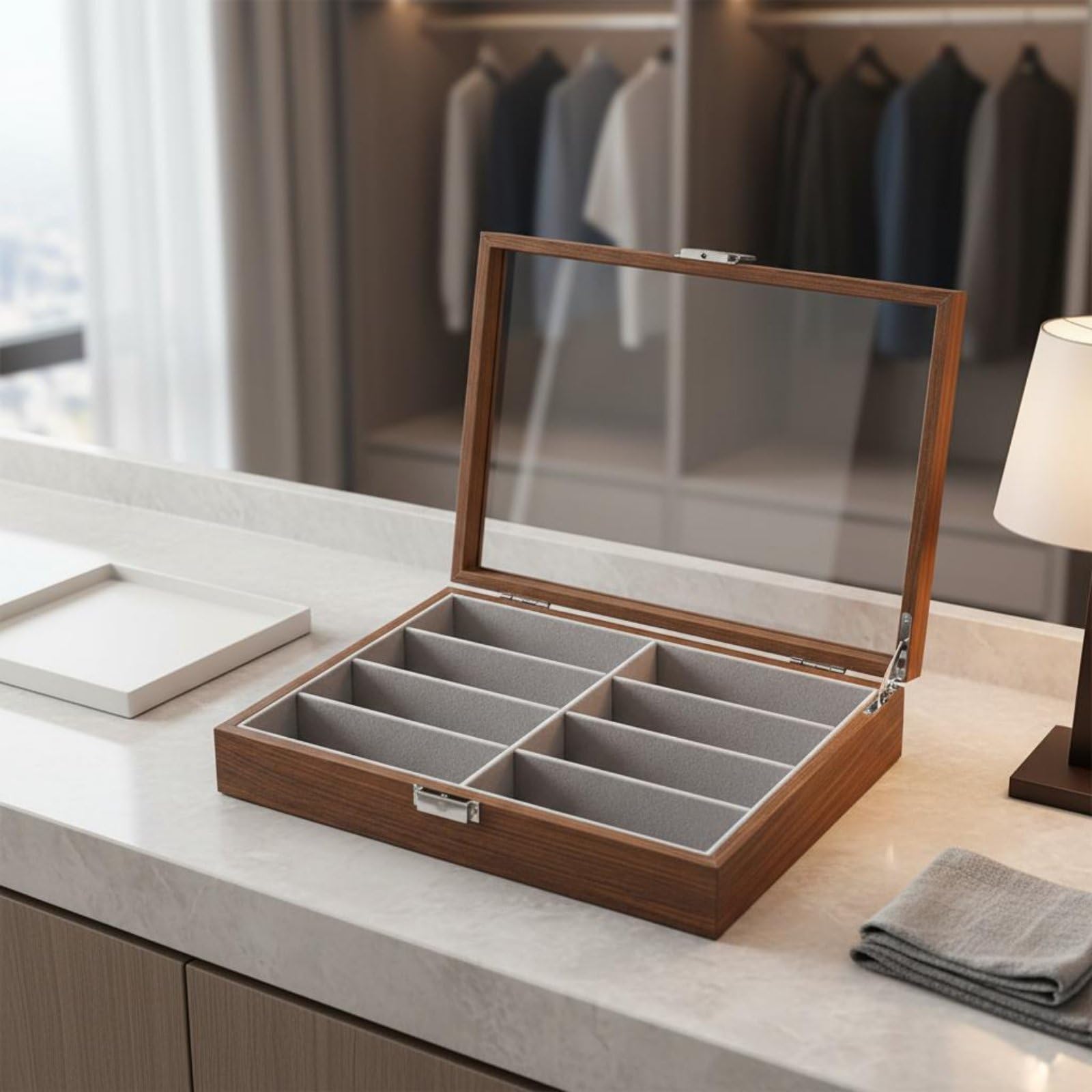 Étui de Rangement Lunettes Boîte Présentation Organisateur Vitrine Couvercle Transparent avec Charnière et Fermoir Protection Contre la Poussière en, Marron, Marron Intérieur Gris