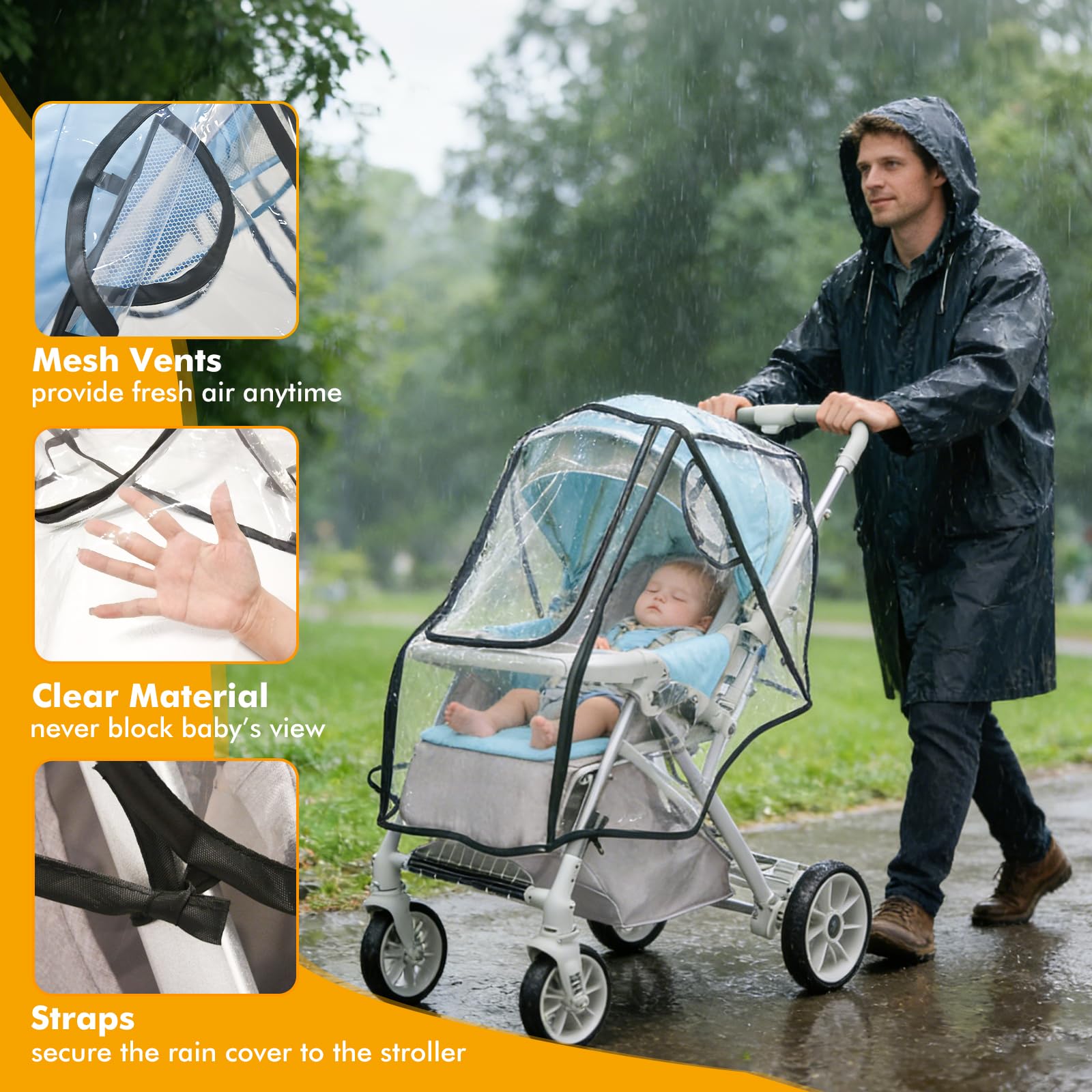 Stroller Rain Cover, All Seasons Protection for Walking, Camping, Universal Baby Travel Gear, Transparent Stroller Poncho, Baby Stroller Weather Shield for Outdoor Protection from Rain, Snow, Wind & Dust - 4