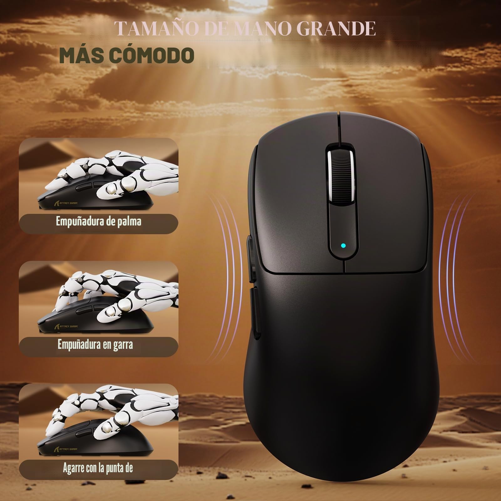 ATTACK SHARK V5 Ratón Inalámbrico para Juegos de 8KHz, 53G Superligero,Sensor PixArt PAW3950MAX, MCU Nordic 52840,Bluetooth/2.4 G/USB-C,Cable en Espiral, 42KDPI,Revestimiento Ice-Feel (Negro)