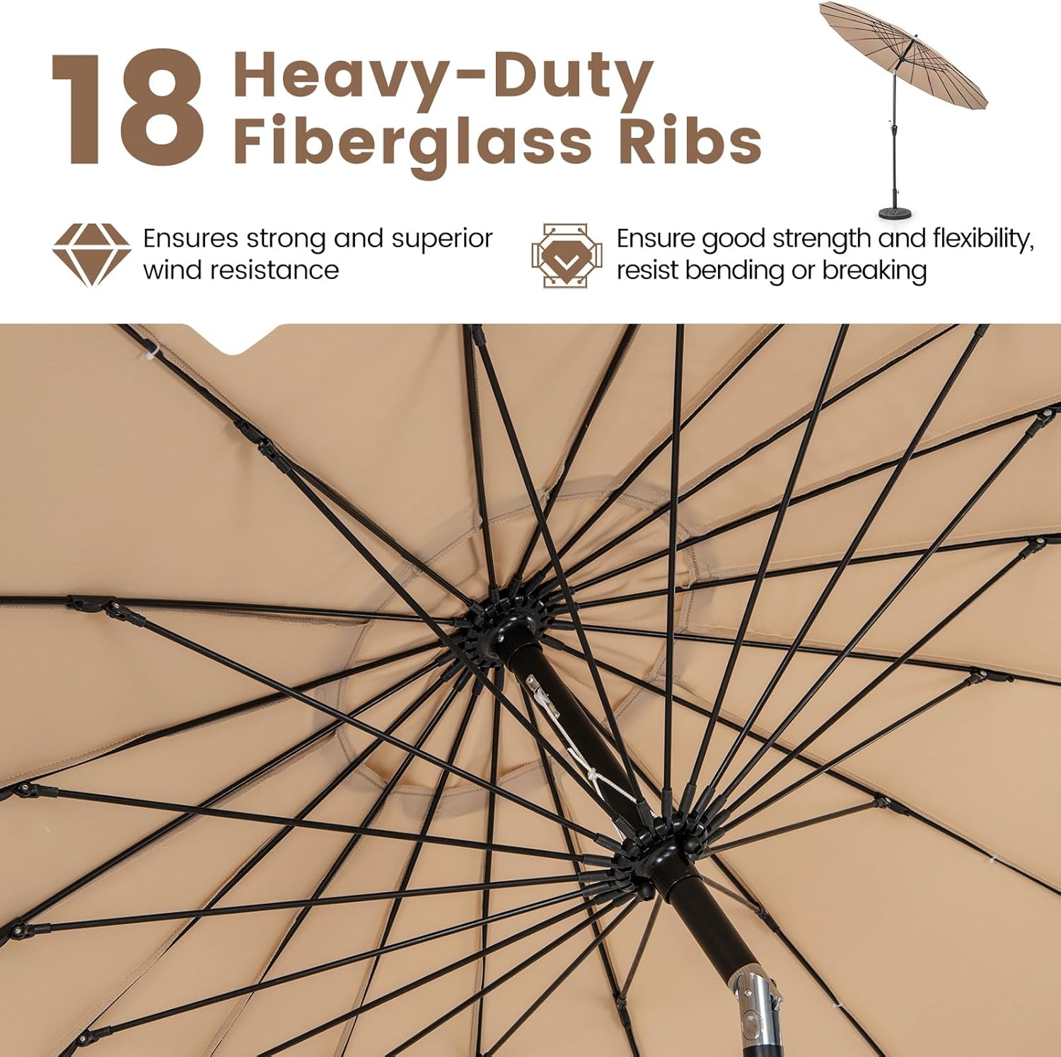 HAPPYGRILL 9FT Round Patio Umbrella Outdoor Market Umbrella with Push Button Tilt, Crank Handle, Vented Top, Aluminum Pole, 18 Heavy-Duty Fiberglass Rods, Table Umbrella for Poolside Deck