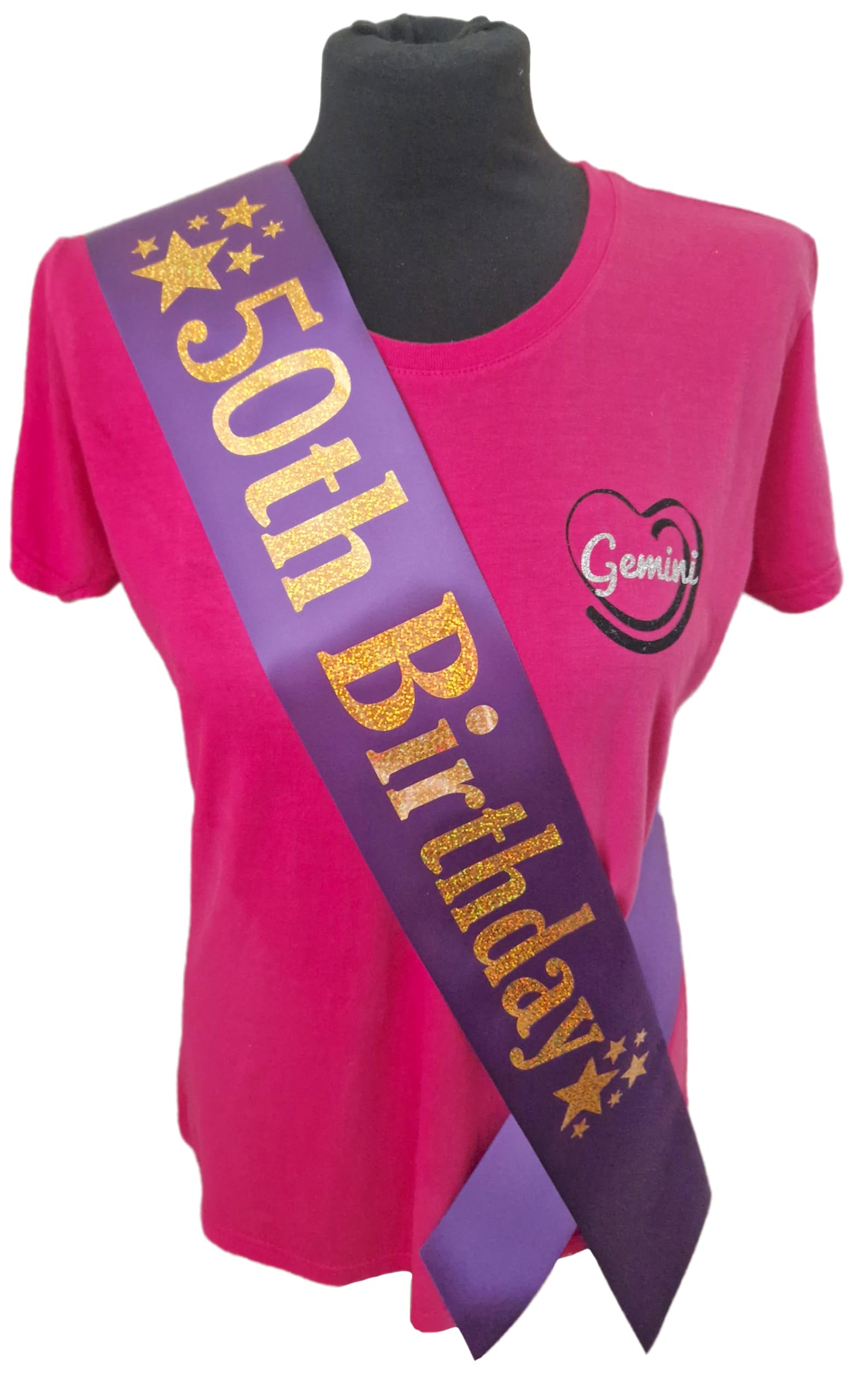 50th Birthday Sash - 50 Star Birthday Sash - Beautiful Quality Purple Ribbon and Holographic Gold Font
