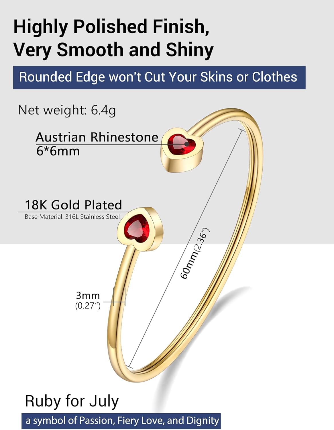 PROSTEEL Birthstone Bracelets for Women, Jan-Dec, Gold Plated Stainless Steel Heart Bangle Cuff, Fit Wrist from 5.5''-7'' in Circumference, Come with Box - Image 4