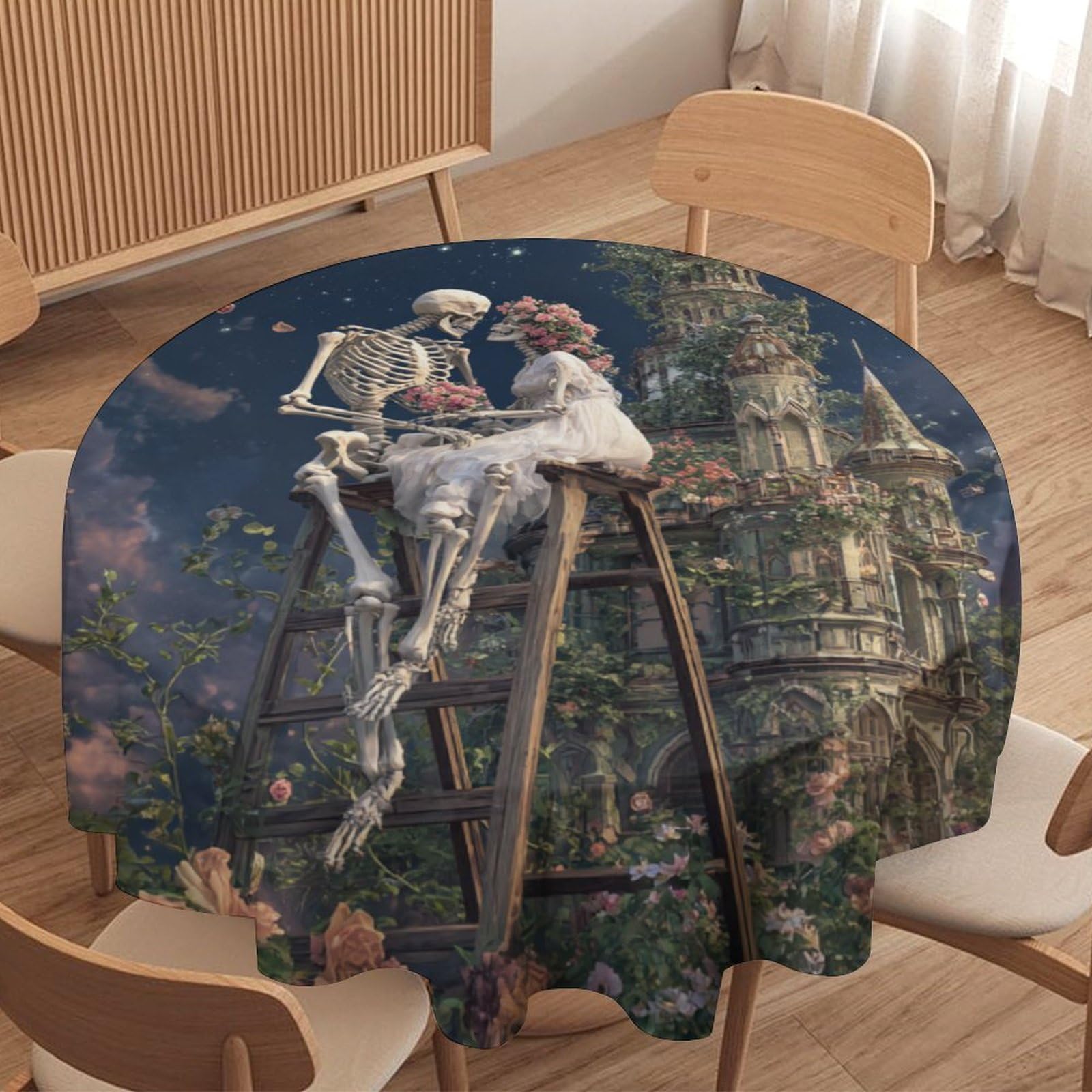 LUYYSKY Romantic Gothic Skull Couple Round Tablecloth Classic Watercolor Full Moon Roses Flowers Skeleton Print Washable Decor for Table Cover for Kitchen-91.4" Wx91.4 L cm