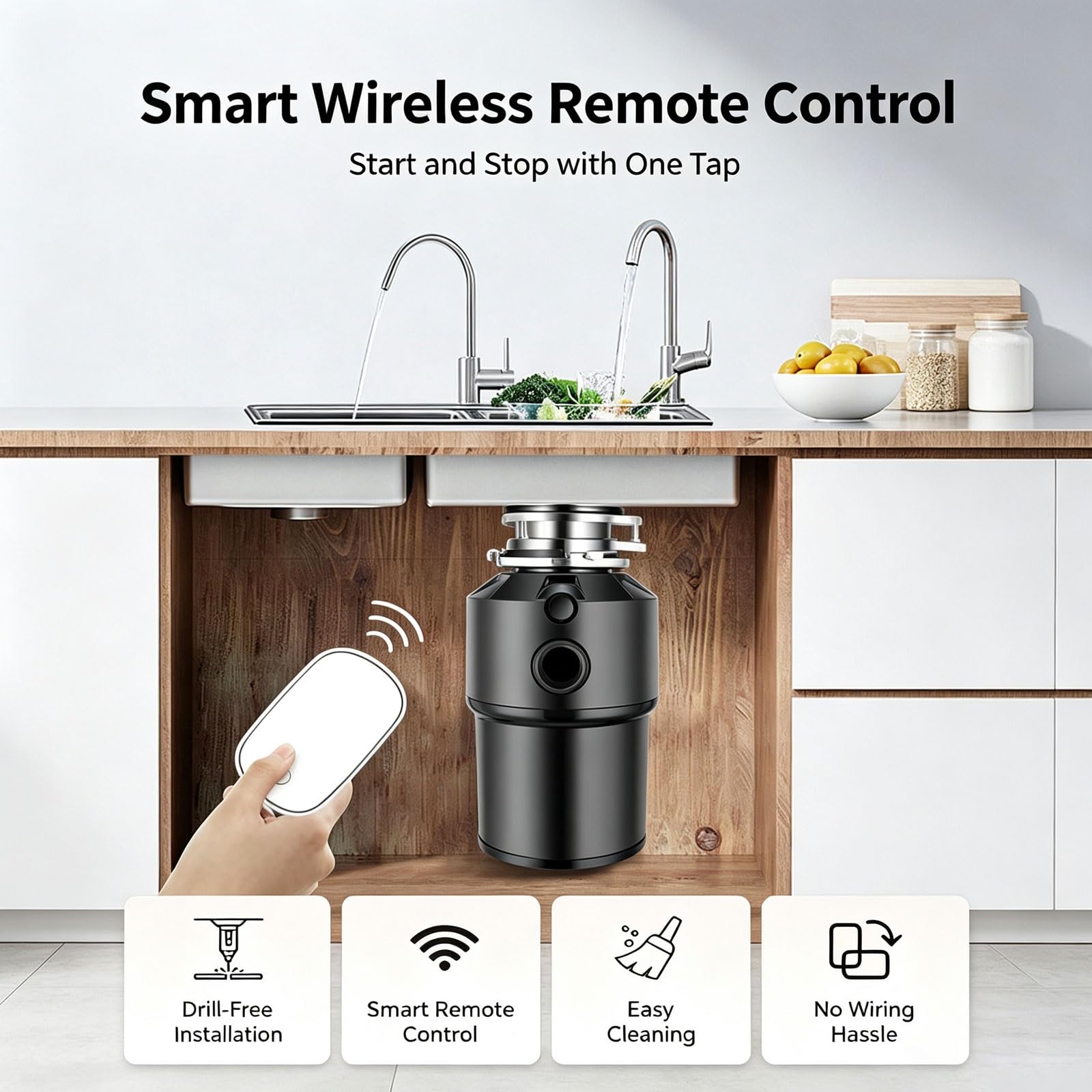 Eliminación de basura de 560 W for fregadero de cocina, triturador de residuos de alimentos de 2600 RPM | Reversa automática, arranque remoto inalámbrico, rectificado de acero inoxidable y carcasa de ABS práctica