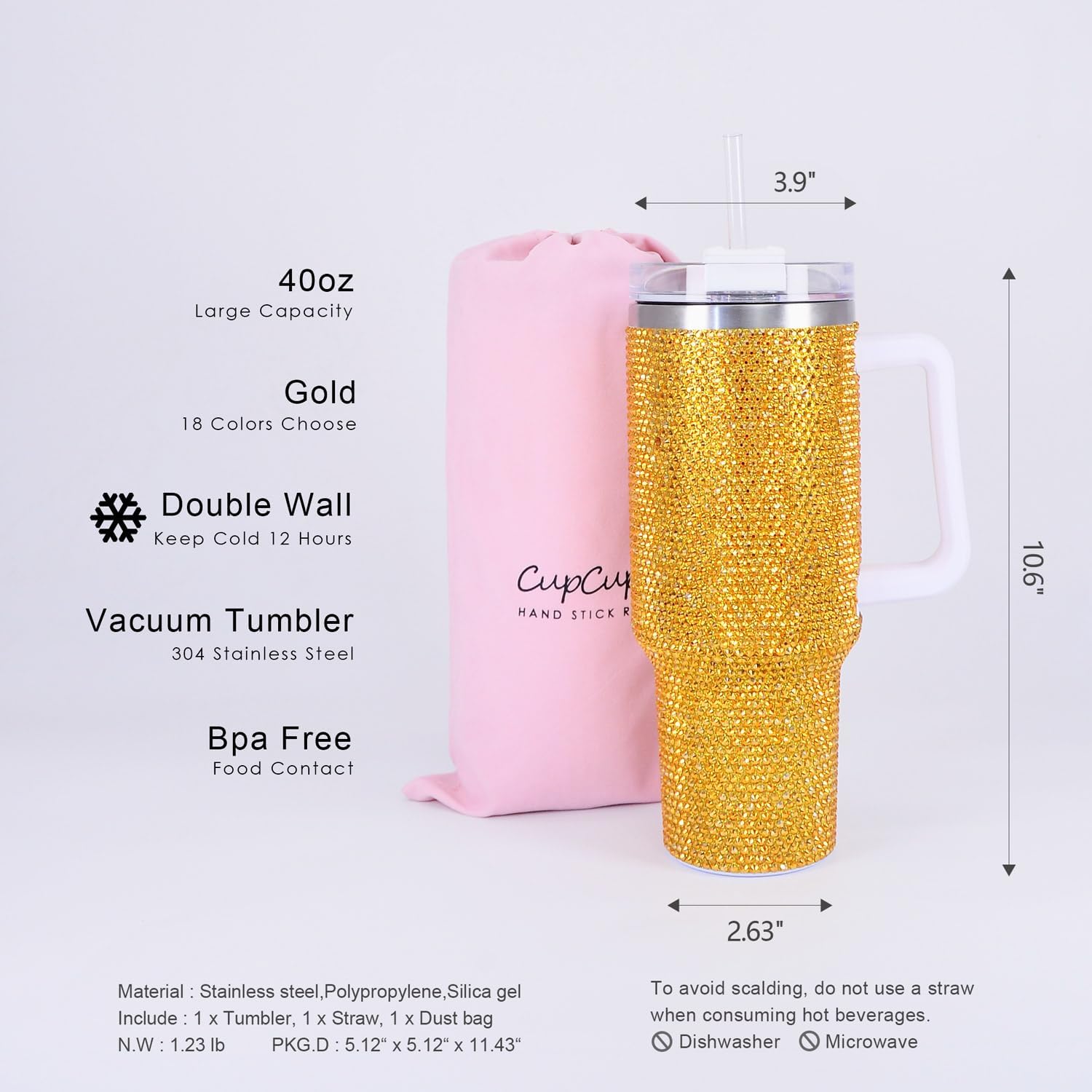 40 oz Golden Bling Rhinestone Stainless Steel Sippy Tumbler Glitter Vacuum Insulated Water Bottle with Straw & Lid &Handle,Sparkle Car Cup Holder,Keeps Cold 12 Hours Drinks,Coffee - Image 3