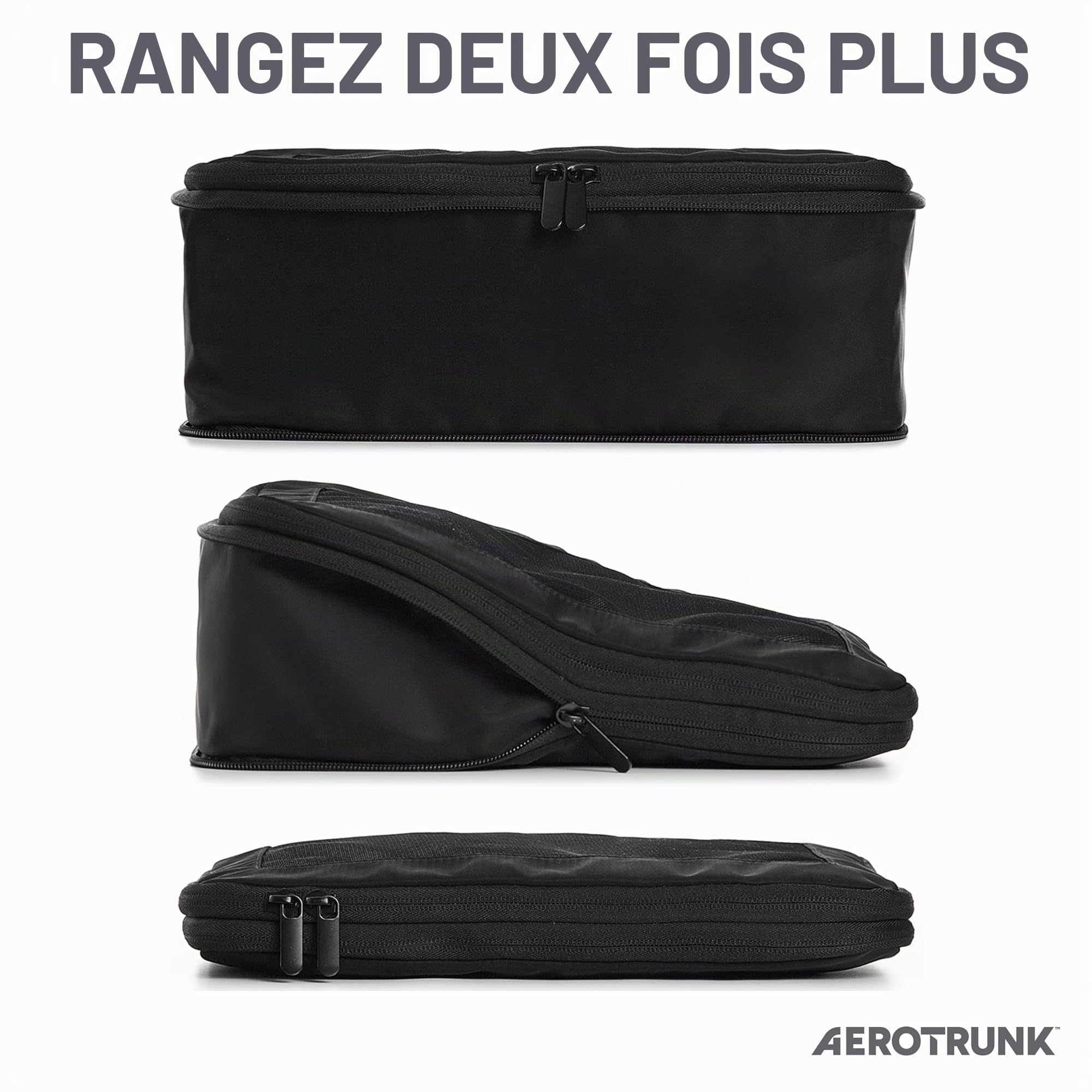 Aerotrunk Lot de 4 cubes d'emballage de compression pour voyage – Sacs de rangement de bagages – Cubes d'emballage à double fermeture éclair pour valises (lot de 4, noir)