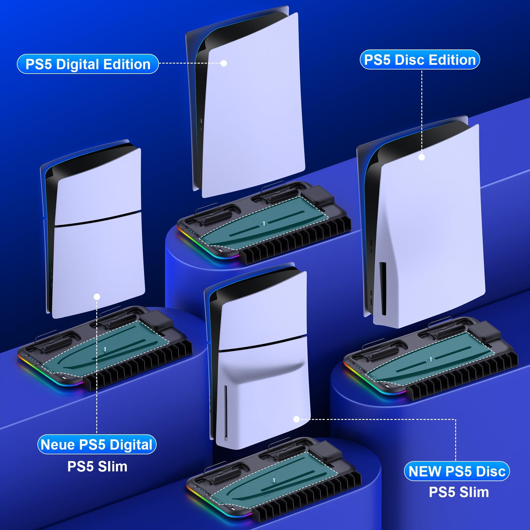 ALEEMTRY Accessoire PS5 Slim Nouveau, Support avec Ventilateur à 3 Vitesses/Lumière RVB/Stockage de 15 Jeux pour PS5 Slim Disc et Console Numérique (Noir)