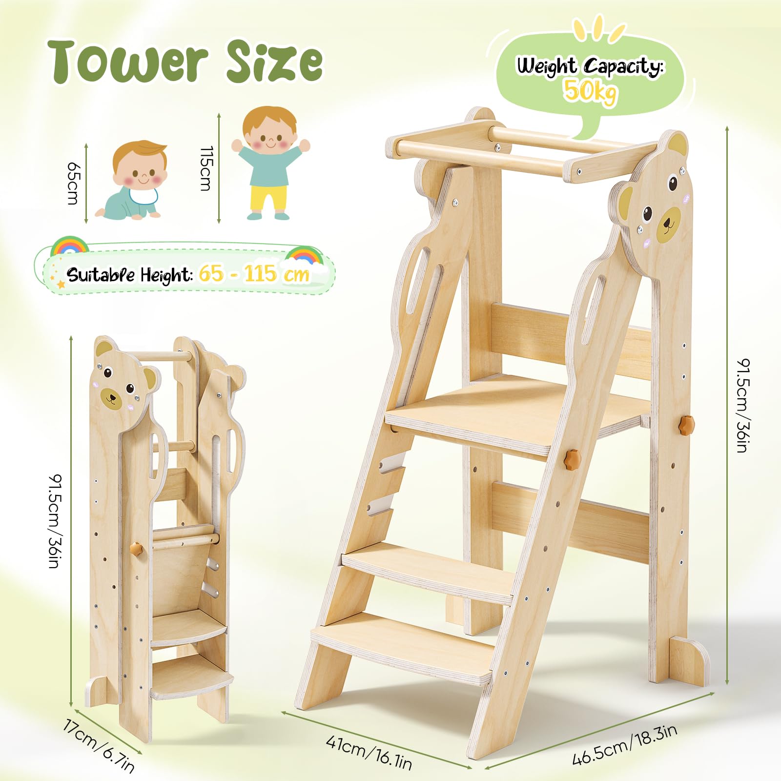 Helangel Torre montessoriana pieghevole per bambini,Montessori Learning Tower Rregolabile in Altezza di età superiore18 mesi bambini per Montessori Learning Cucina in legno naturale(legno aggiornato)