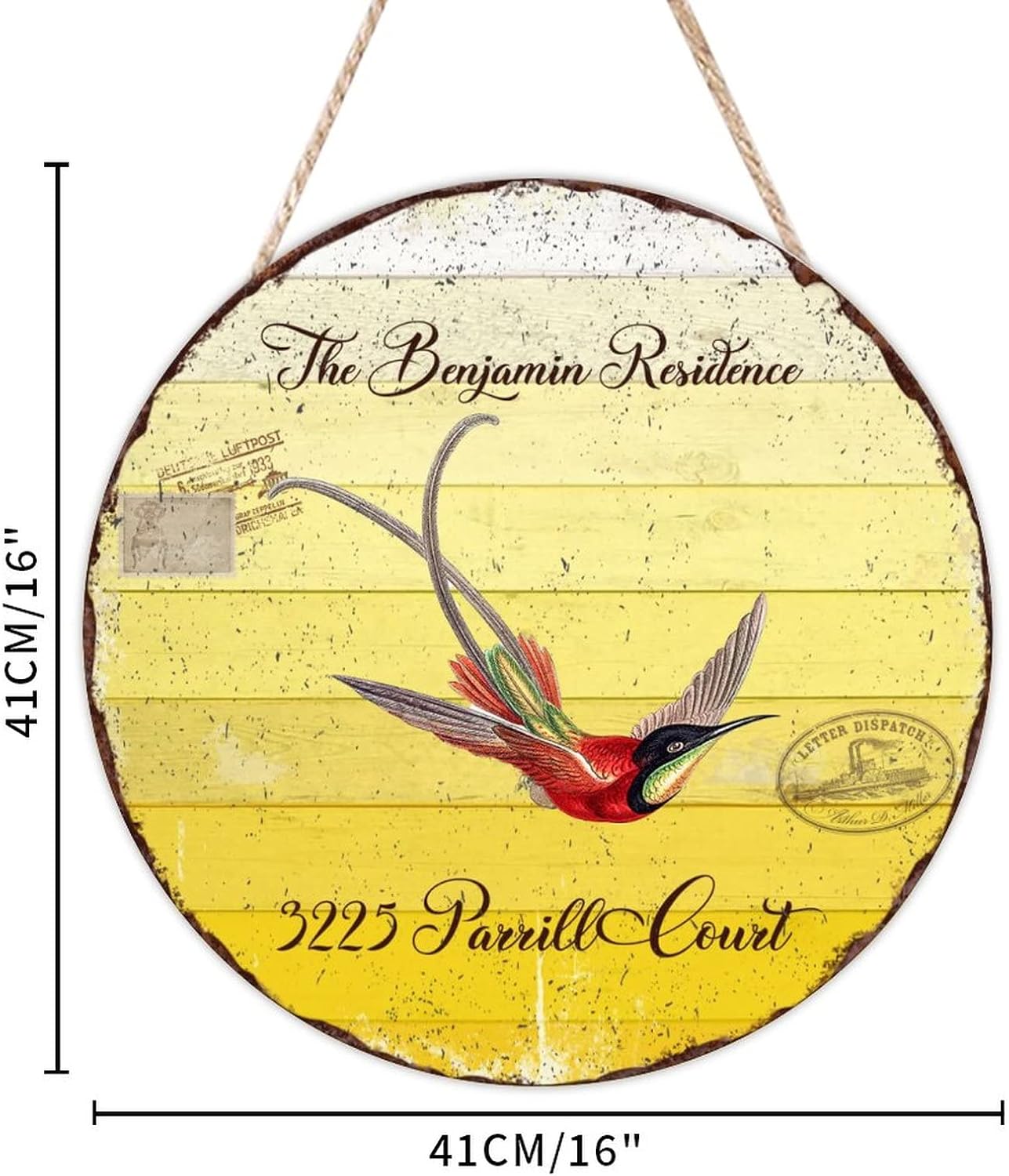 Custom Name Home Address Hummingbird Wood Door Sign, Custom Family Name Round Door Hanger Sign, 16" x16" Wall Hanging Sign Plaque, Decor for Outdoor Front Porch Farmhouse Housewarming Gifts