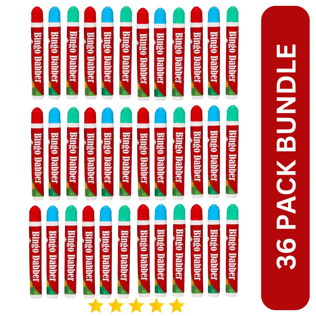 Bingo Dabbers - Confezione da 36 penne per bingo (3 confezioni da 30,5 cm, rosso brillante, blu e verde), anti-gocciolamento, per giochi di bingo con familiari e amici