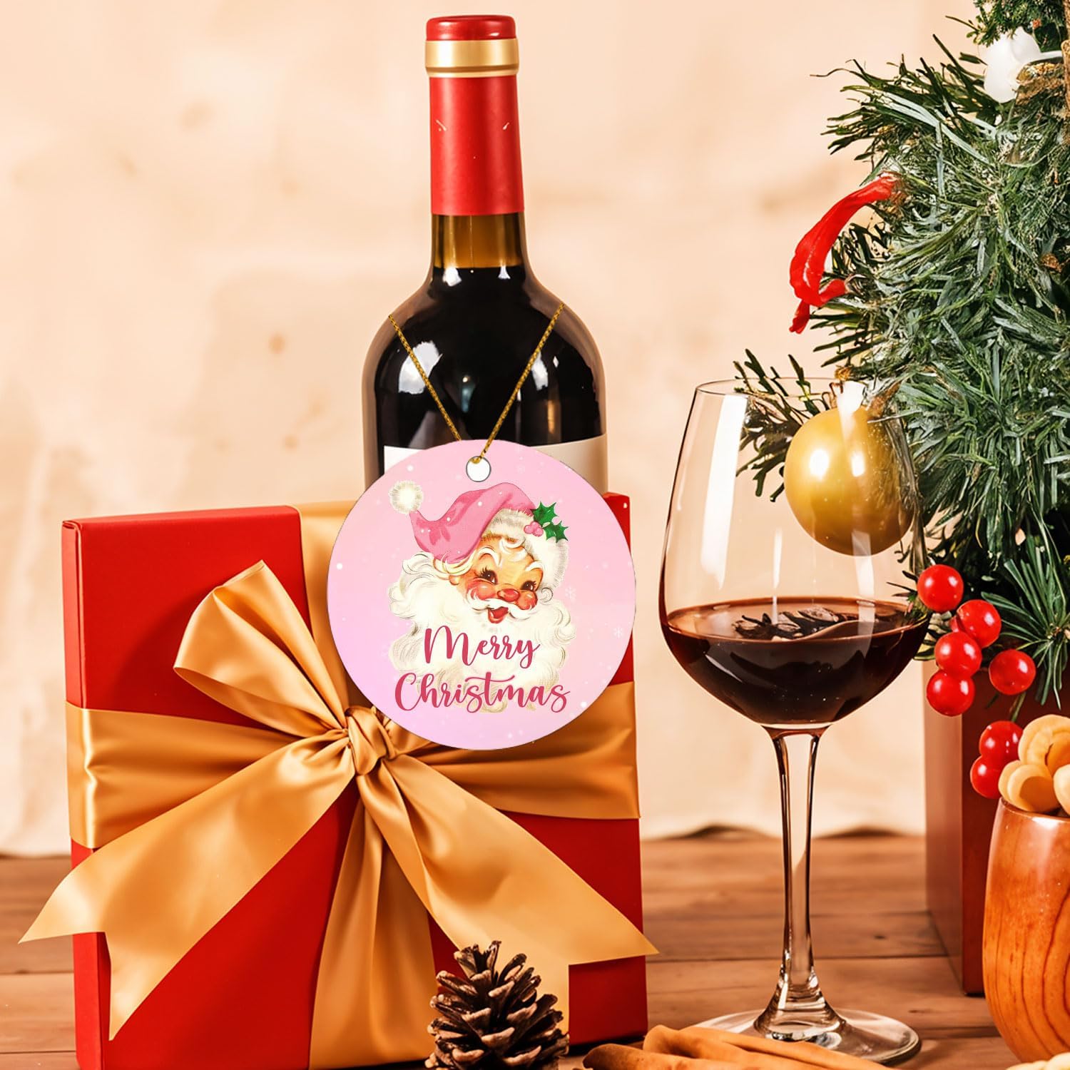 Vintage Santa Ornaments for Christmas Tree - Pink & Merry Decorative Hanging Ornaments - Image 4