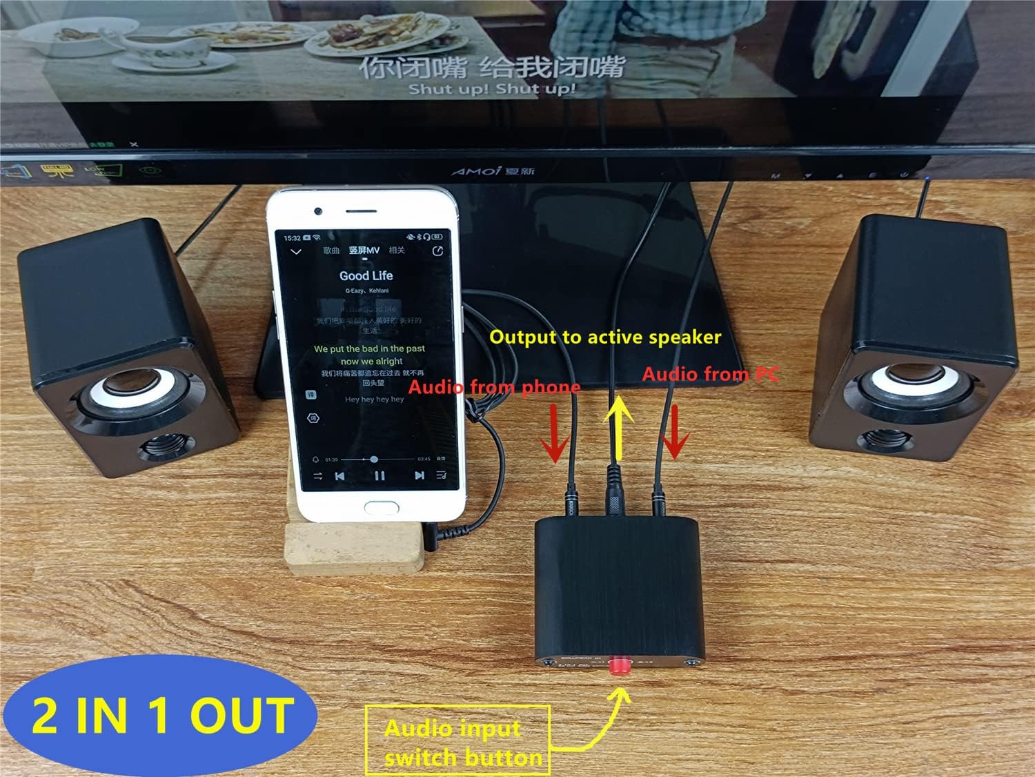 M1 2 in 1 Out 3.5mm Stereo Audio Switch aux switcher Speaker selector Splitter Box : Electronics