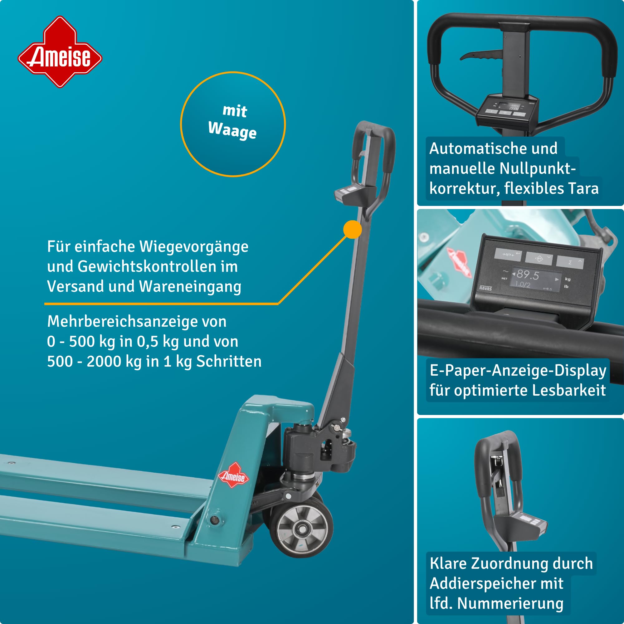 Ameise Hubwagen PTM mit Waage am Deichselkopf | Display mit 0,5/1 kg Schritten | 2.000 kg Tragkraft | 1.150 mm Gabellänge | Vollgummi Lenkrad| Polyurethan Einfach-Gabelrollen | Schnellhub bis 120 kg