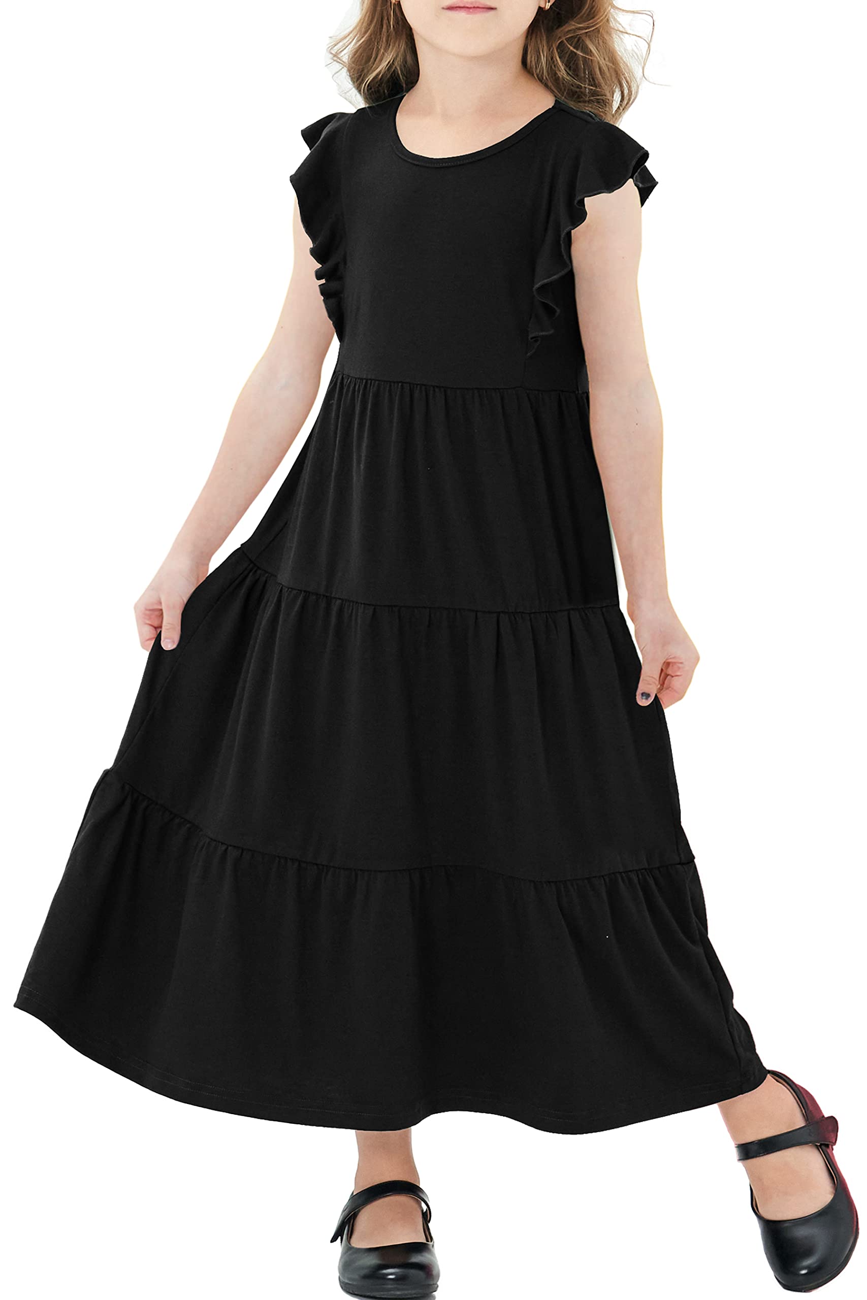 WUIRMELY Girls Maxi Dress Kids Flutter Sleeves Boho Solid Cotton Tiered Long Dresses