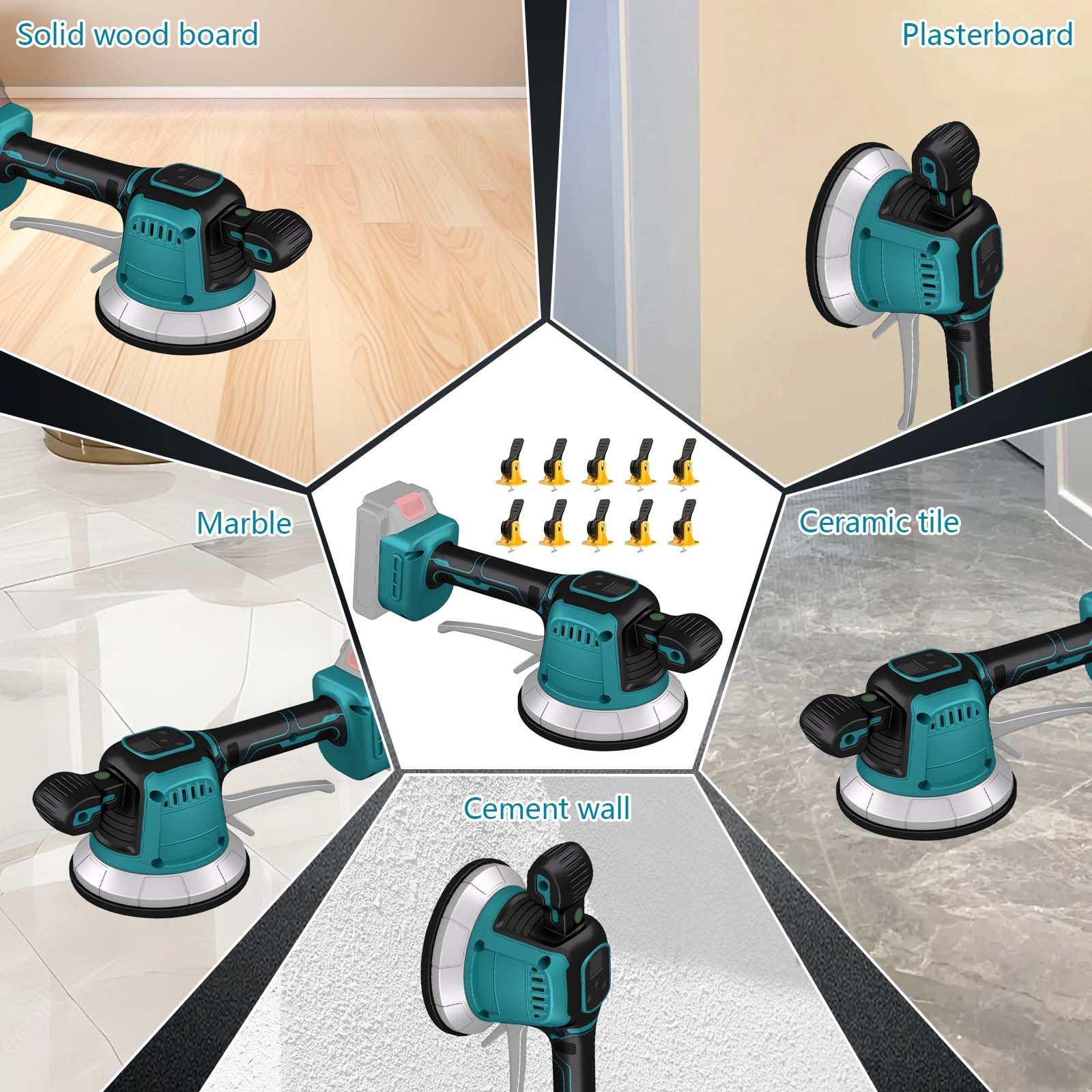 Akku Fliesenrüttler, Elektrische Fliesenvibrator Kompatibel mit Makita 18V Akku, Fliesenleger Maschine mit 10 Gänge Einstellbar,14,5cm Saugnapf, Automatische Nivellierung, 200KG Adsorption,Ohne Akku