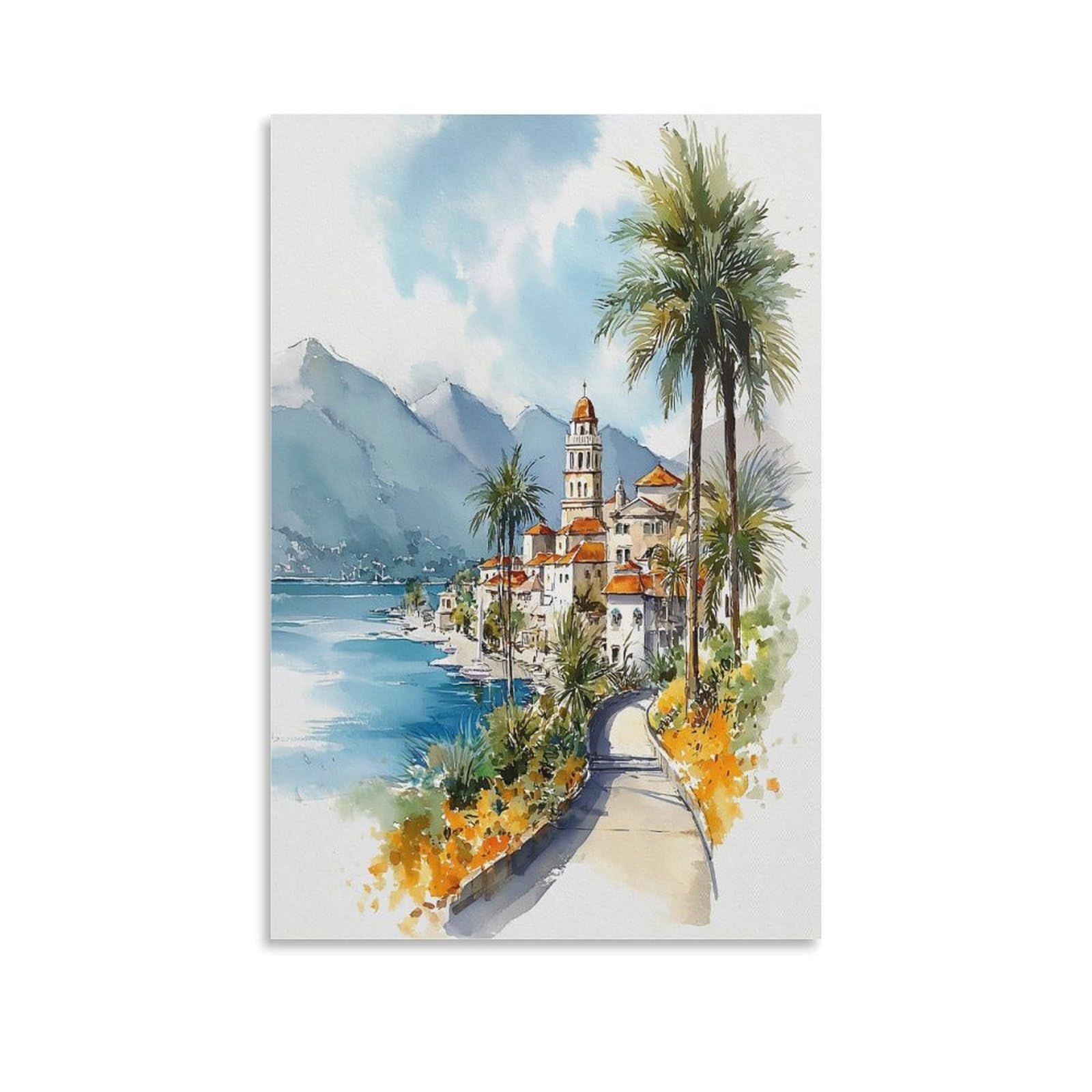 XWYMXZ Orange County Beach Sunset 24x36inch(60x90cm) Vintage Travel Poster Watercolor Canvas Art
