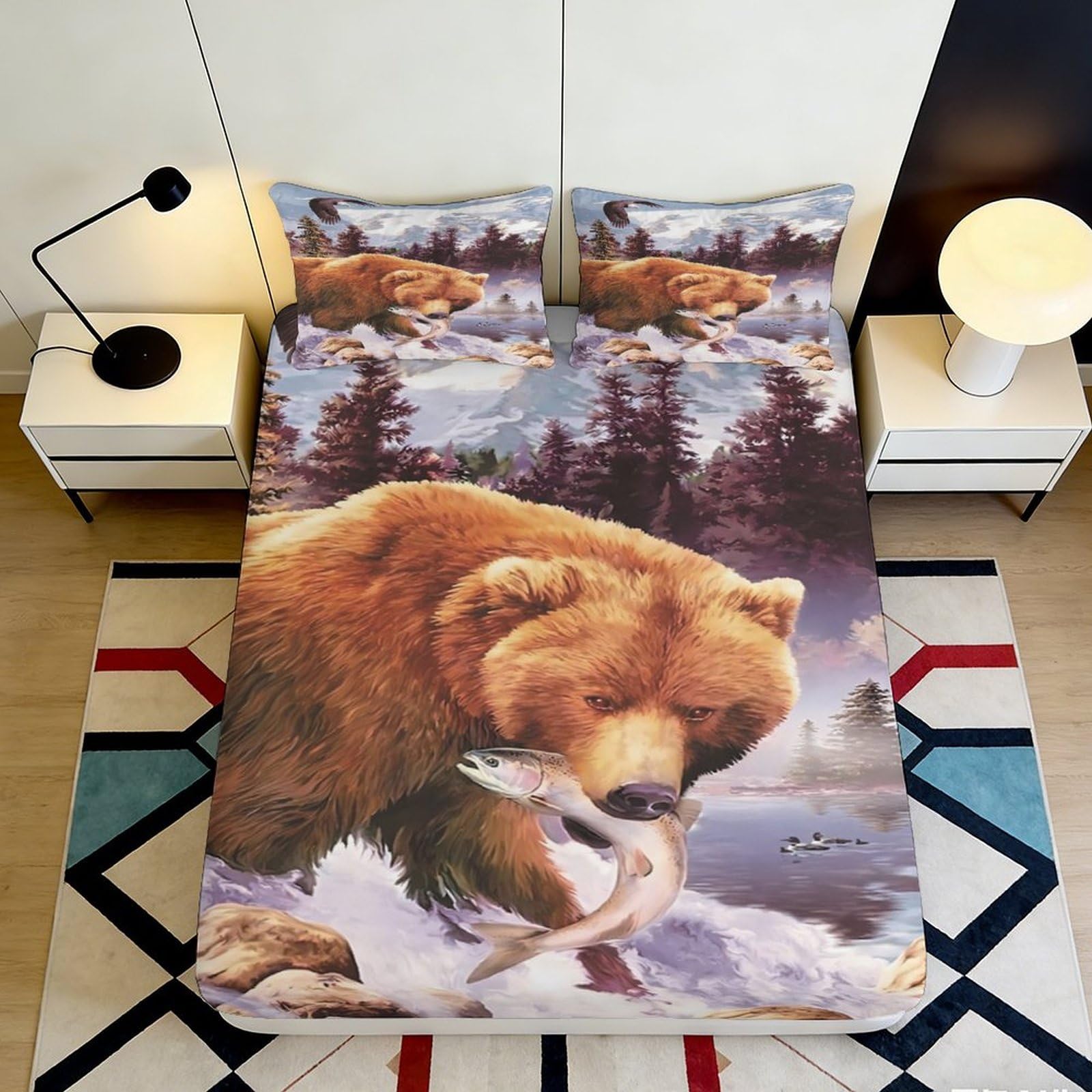Pnayamiorkfel Style-3 3D Printed Bear River Fitted Sheet Microfiber Soft Brown Forest Bed Sheet Bedroom Guest Room Decor Protection 90X200x25cm