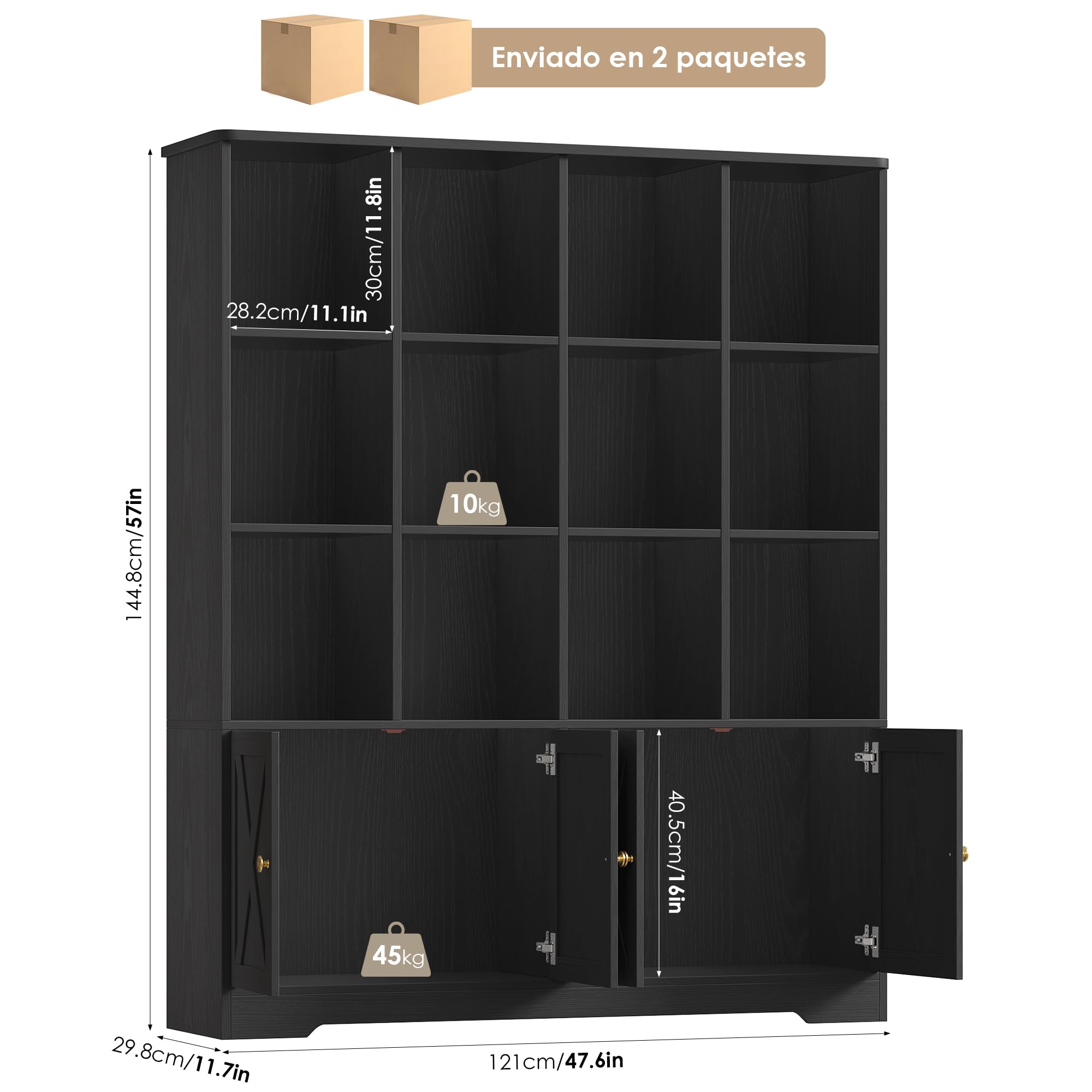 FirFurd 145cm Librería con 4 Puertas y 12 Compartimientos, Librería Salón | Estantería con Puertas, Estantería Libros, Estanterías Almacenaje, para Salón Estudio Oficina Dormitorio Negro 121x30x145cm