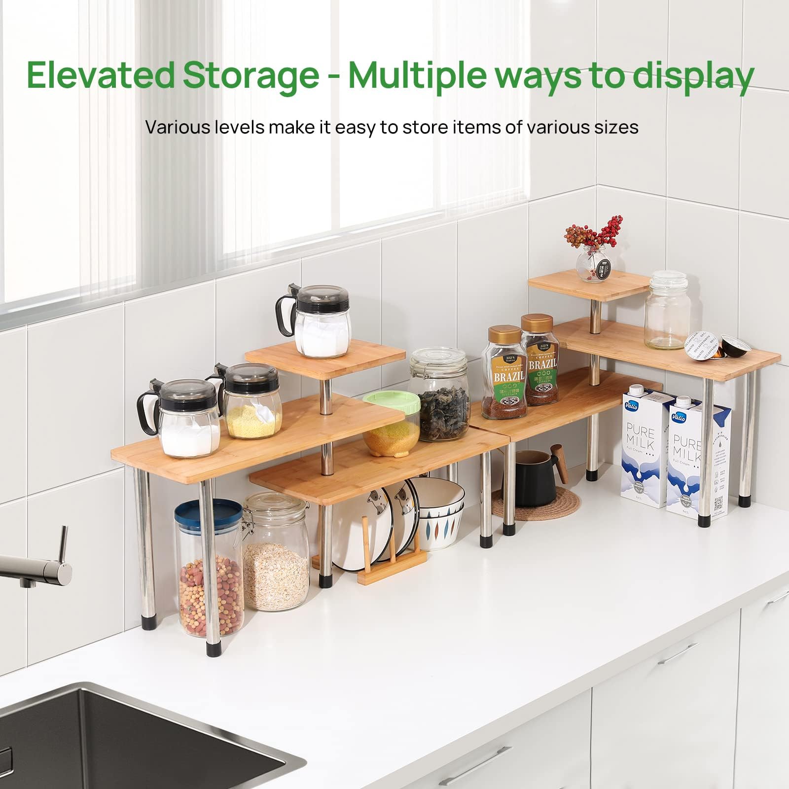 Porta Spezie Per Cucina Portaspezie da appoggio Mensola Angolare cucina Appoggi Corner Spice Rack Organizer in Bambù 3 Ripiani con 4 ganci laterali