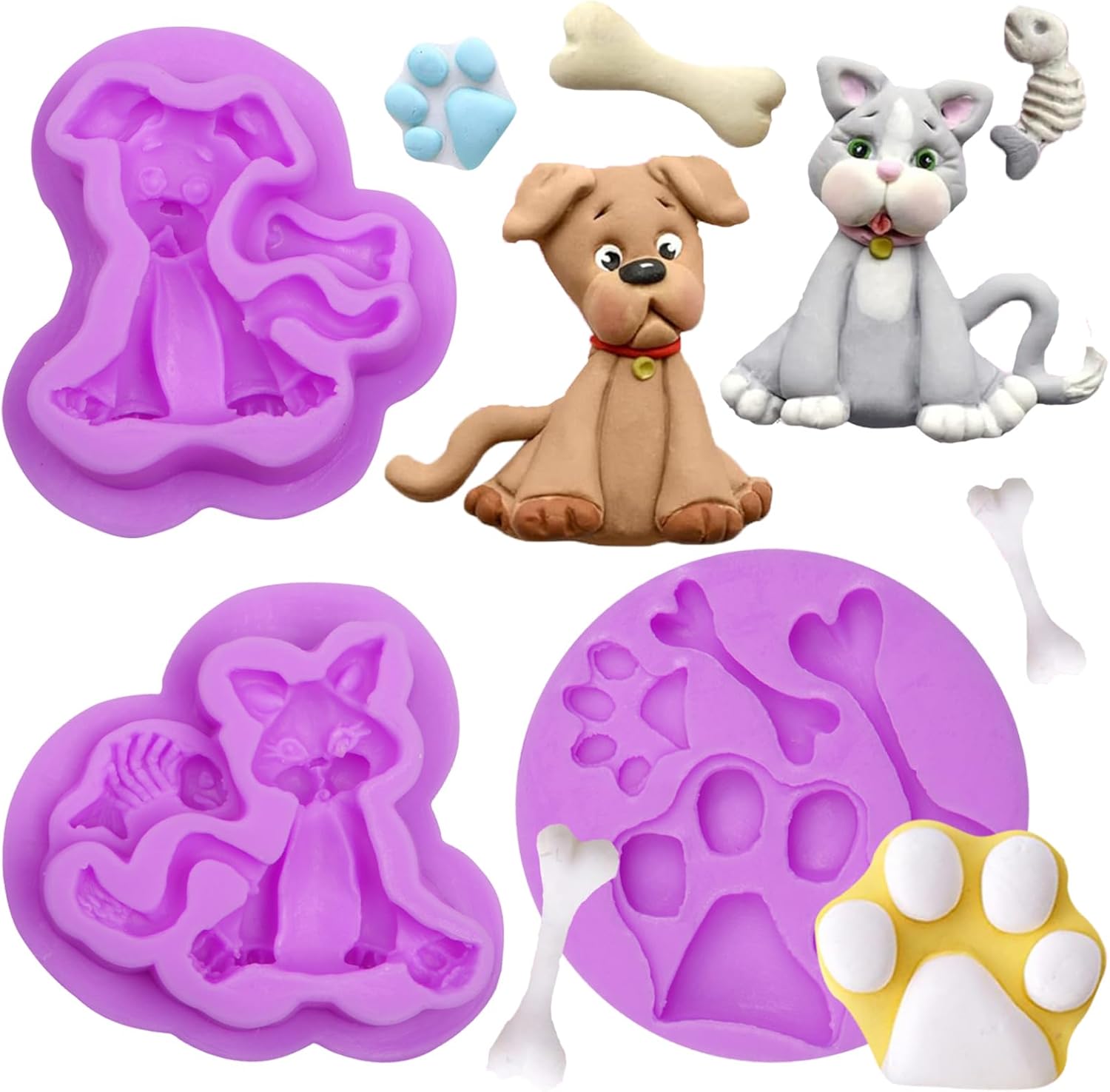 Cat Paw Canine Paw Bone Fondant Silicone Molds Cat Canine Silicone Molds for Cupcake Topper Cake Adorning Chocolate Sweet Clay Gum Paste Set of three