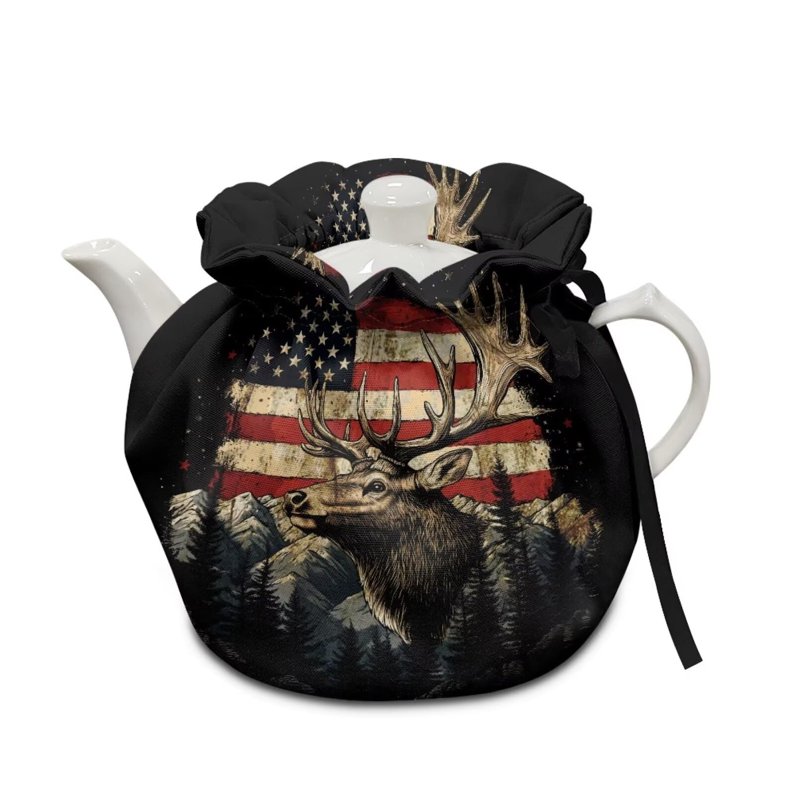 Xoenoiee American Flag Hunting Elk Pattern Tea Cozy Cotton Tea Cosy for Teapots Keep Warm Teapot Cover Insulated Kettle Cover for Home Kitchen Table Decor 4th of July Patriotic Flag