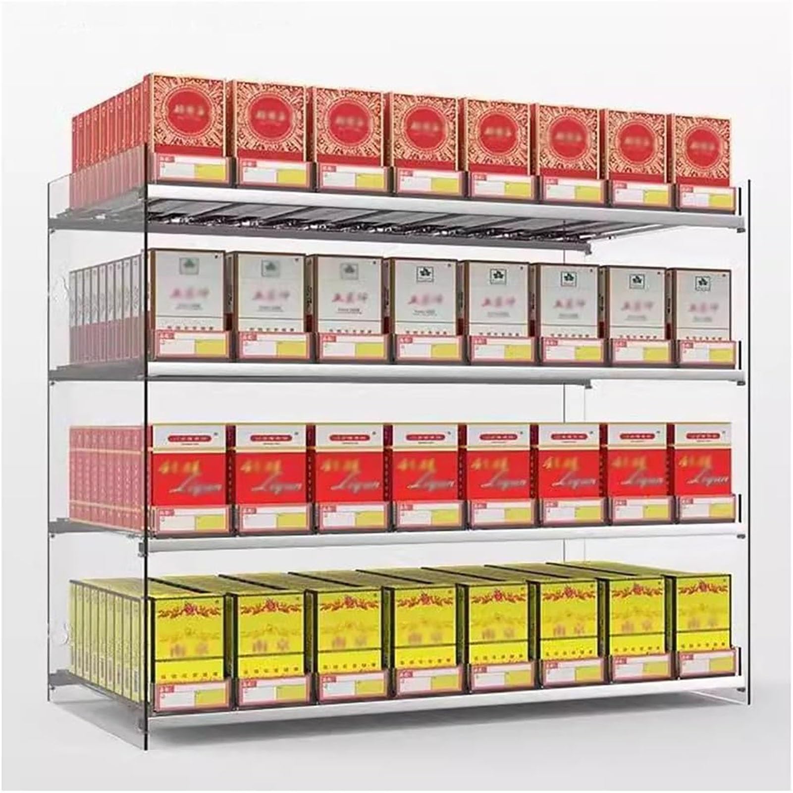 Mensola dispenser per sigarette in acrilico trasparente con pulsante automatico, design trapezoidale per negozi di alimentari, 92 x 27 x 50 cm