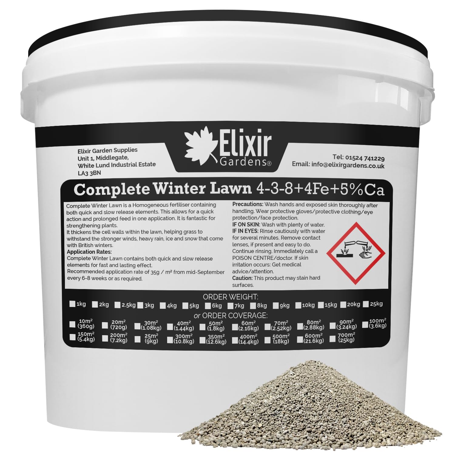 Elixir Gardens | COMPLETE WINTER LAWN Fertiliser Optimized For British Climate | Autumn and Winter Feed and Moss Treatment | 4-3-8 + 4Fe +Te | 1kg - 25kg Bags or Tubs | Treats 200sqm | 7kg Tub